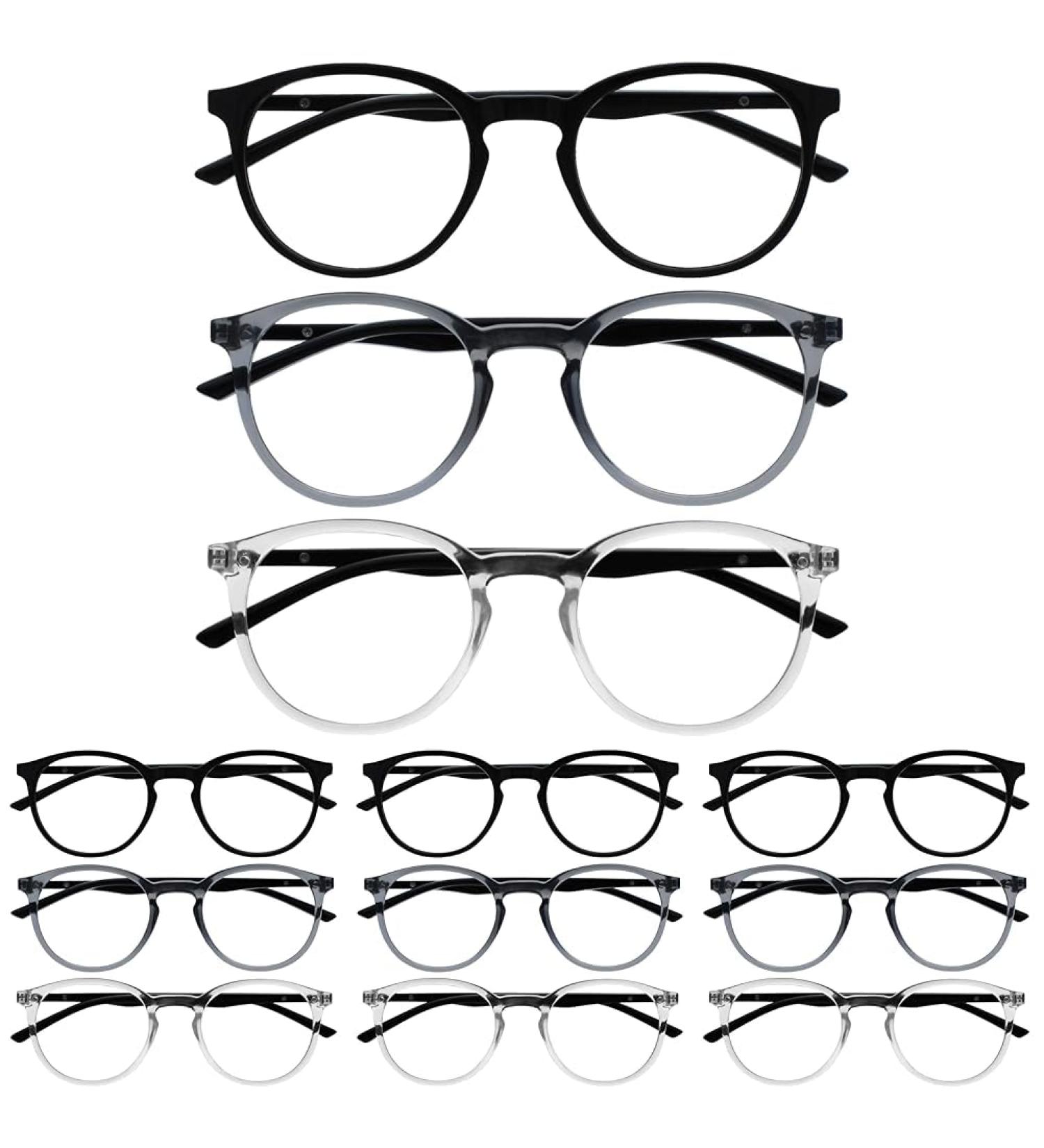 Opulize Met 12 Pack Reading Glasses Large Round Black Grey Clear Mens Womens Spring Hinges RRR60-17C +2.00 +2.00 Magnification (Pack of 4) Black / Grey Black / Clear Black