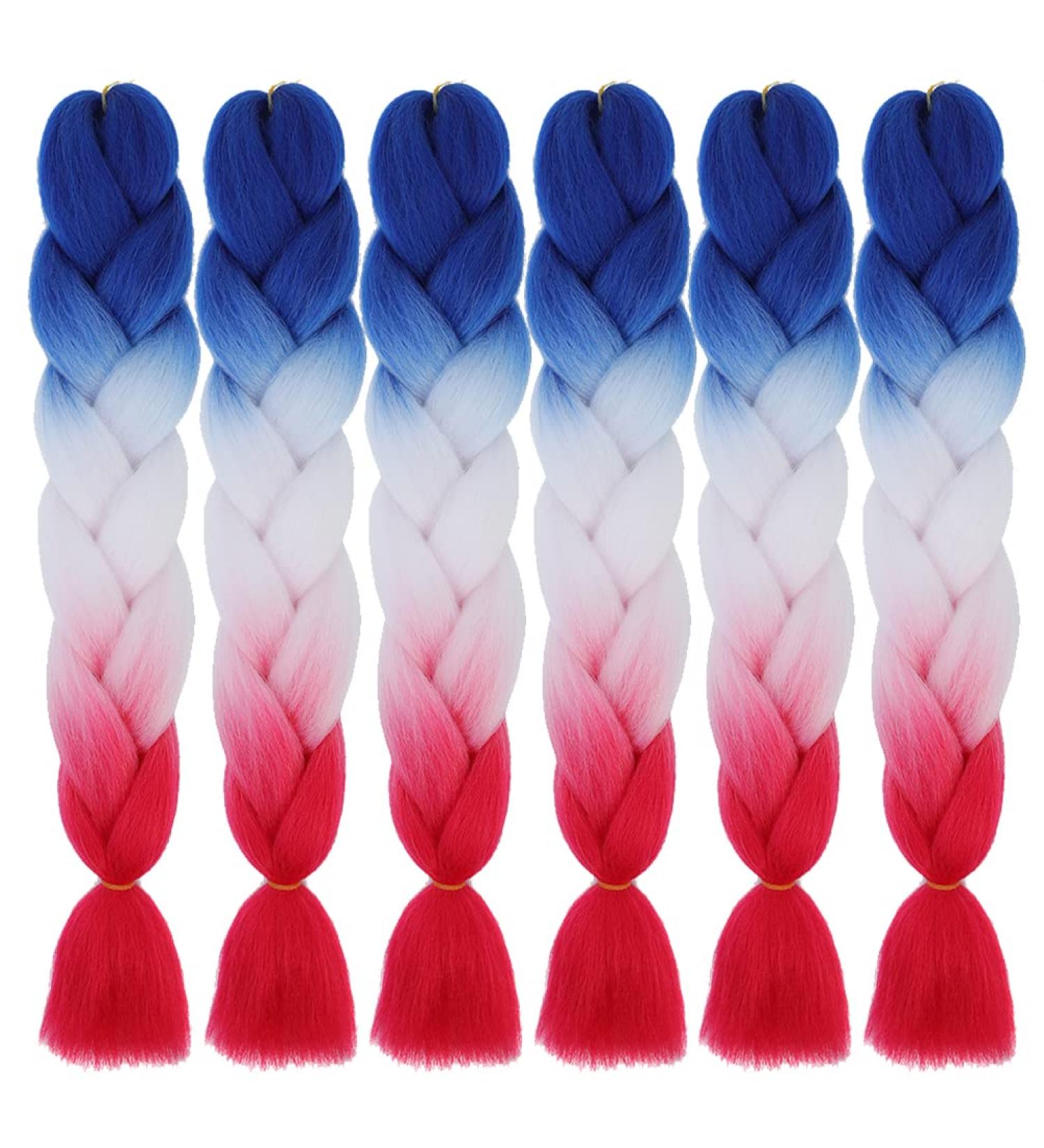SHUOHAN 6 Packs Ombre Jumbo Braiding Hair Extensions 24 Inch - Blue White Red - High Temp Synthetic Fiber for Box Braids - Buy Online on GoSupps.com