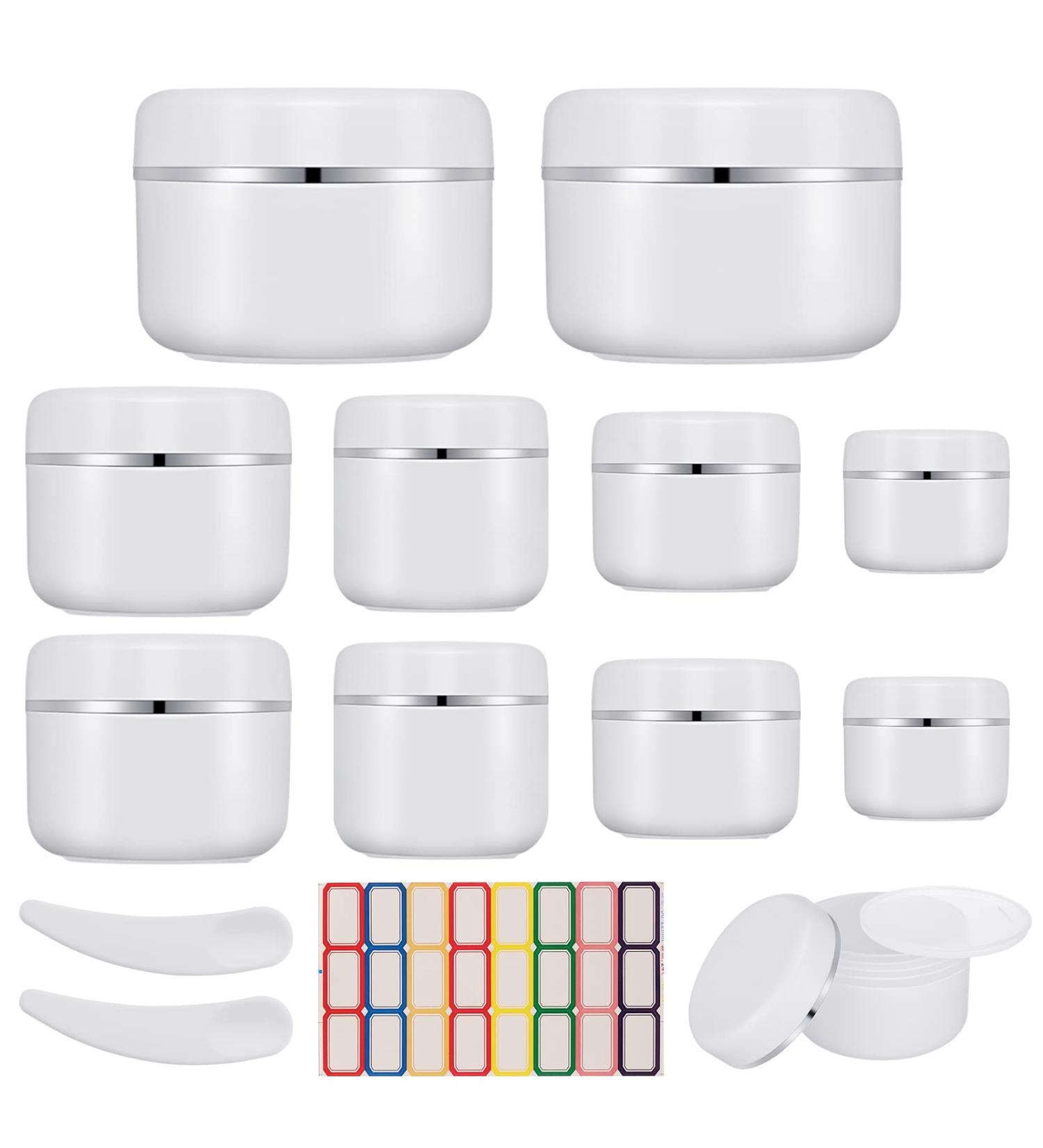 Firtink 10 Pcs Cosmetic Sample Jars 10ml/20ml/30ml/50ml/100ml Empty Refillable Cosmetic Container Pots Travel Jars with Lids Spatulas Tool and Labels for Makeup Creams Lotion Glitter Nail Powder - Buy Online on GoSupps.com