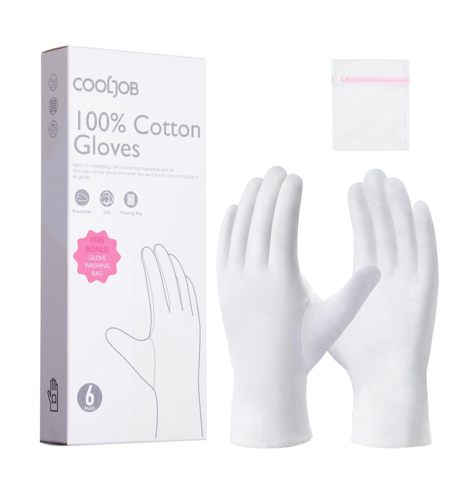 COOLJOB 100% Cotton Gloves - 6 Pairs White Cotton Liners for Moisturizing & Eczema Relief | Breathable Overnight Treatment for Men & Women - Buy Online on GoSupps.com