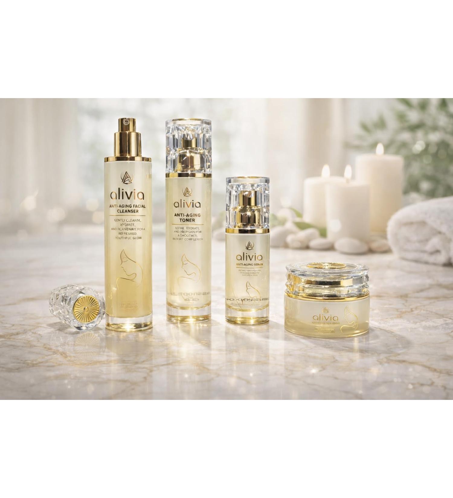 alivia Anti-Aging Skincare Set: (1) Facial Cleanser (1) Toner (1) Serum (1) Cream - containing Vitamin E Squalane Rosehip Oil Niacinamide. - Buy Online on GoSupps.com