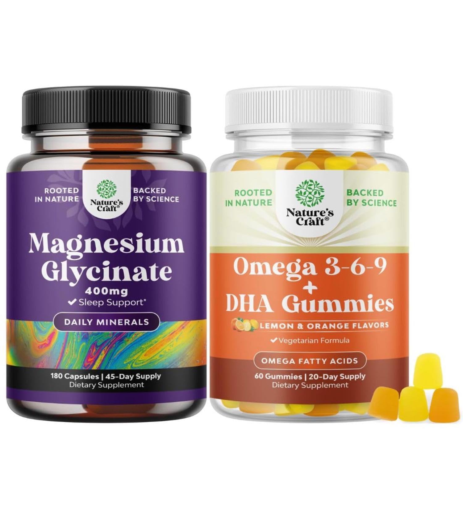 Bundle of Magnesium Glycinate 400mg Capsules for Mood Sleep and Relaxation Support and Omega 3-6-9 Vegetarian Gummies with DHA for Brain Heart Bone and Joint Health for Adults - Buy Online on GoSupps.com