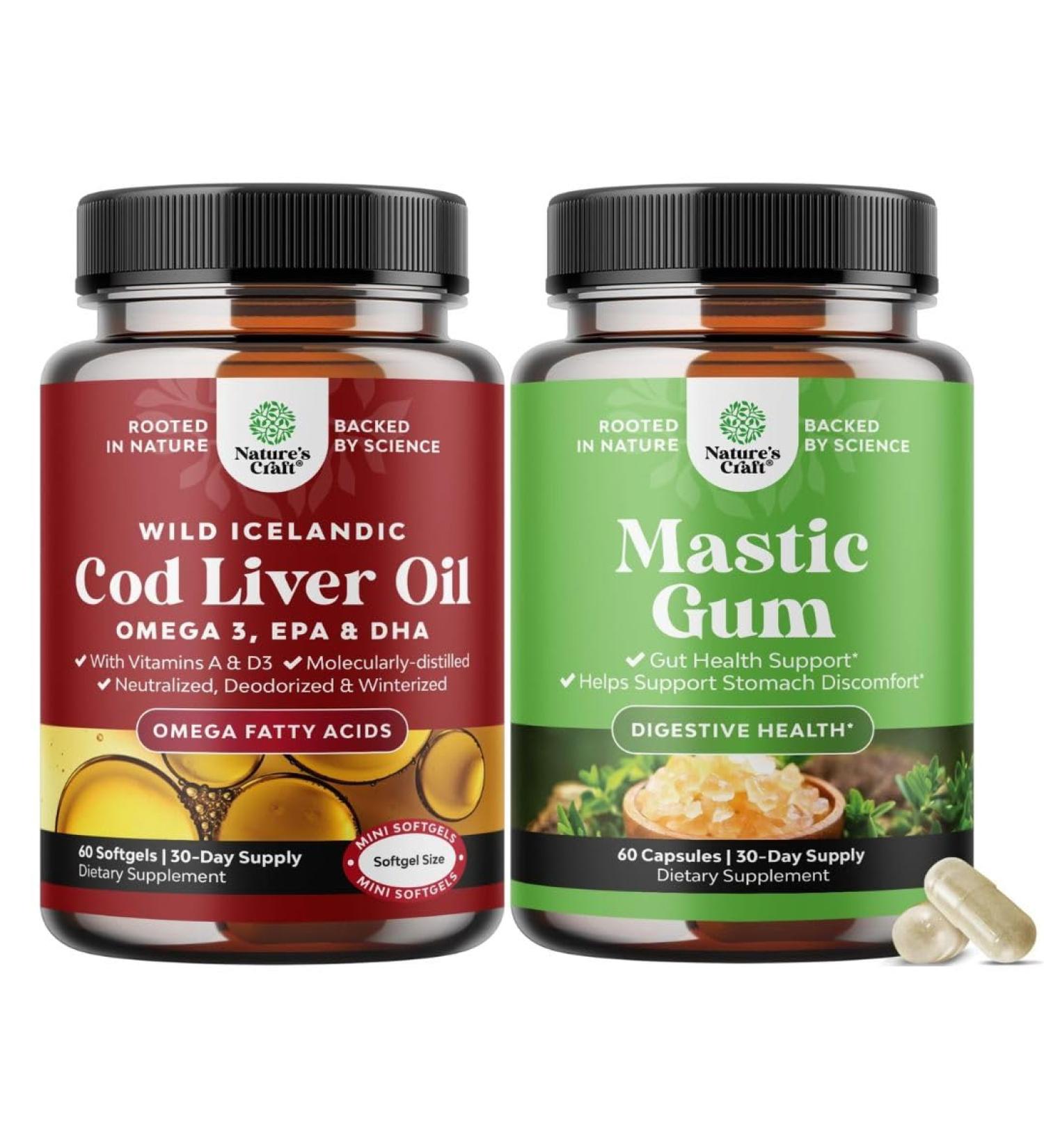 Bundle of Icelandic Wild Caught Cod Liver Oil Softgels - Fish Omega 3 EPA DHA Vitamin D & A 1000mg Per Serving and High Strength Mastic Gum Capsules - Herbal Digestion Providing Upset Stomach Relief - Buy Online on GoSupps.com