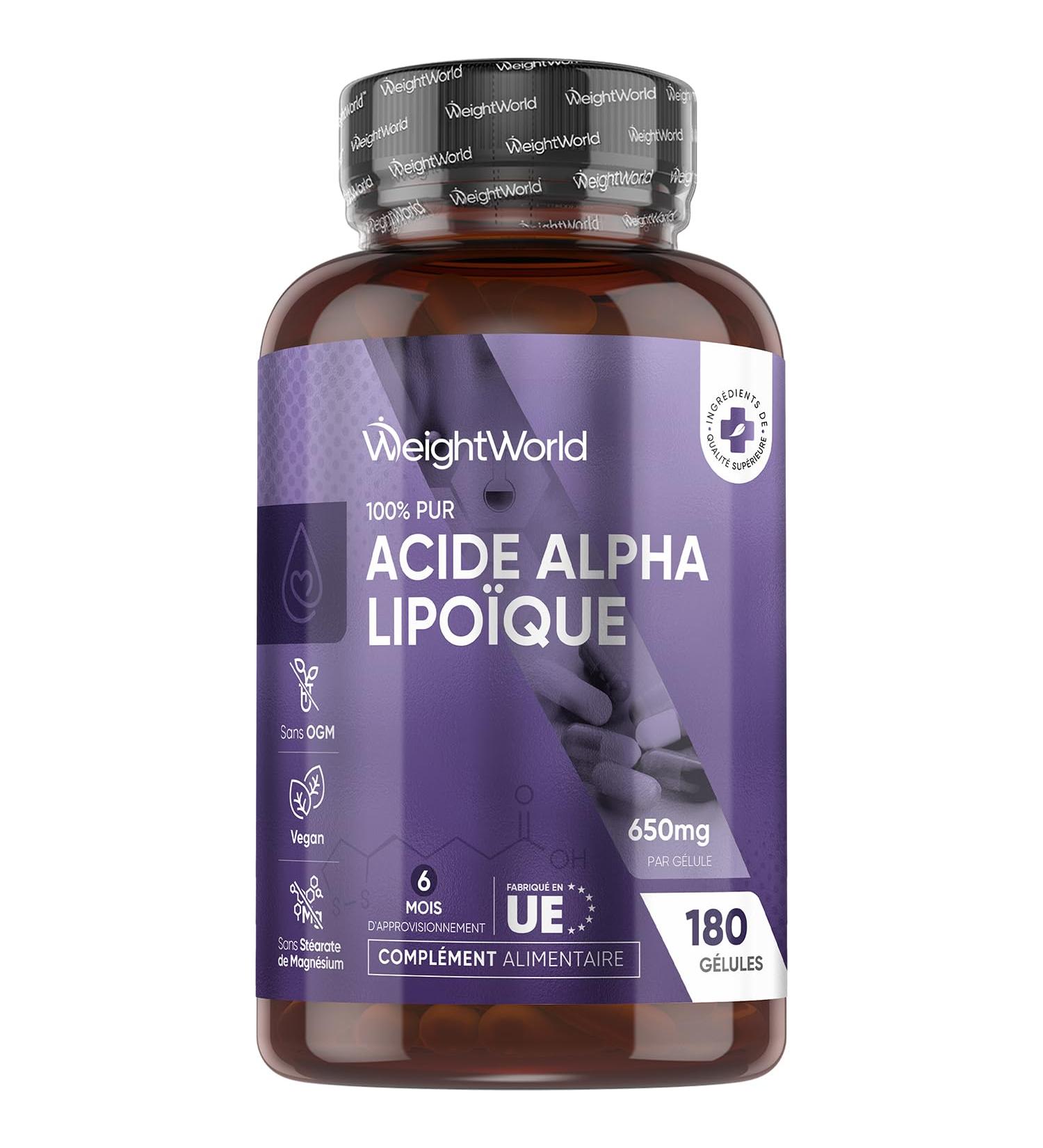 Acide Alpha-Lipo que Pur ALA 650 mg sans Additifs 180 G lules Vegan - Alpha Lipoic Acid Pur Approvisionnement de 6 Mois AAL sans Gluten sans OGM sans St arate de Magn sium WeightWorld - Buy Online on GoSupps.com