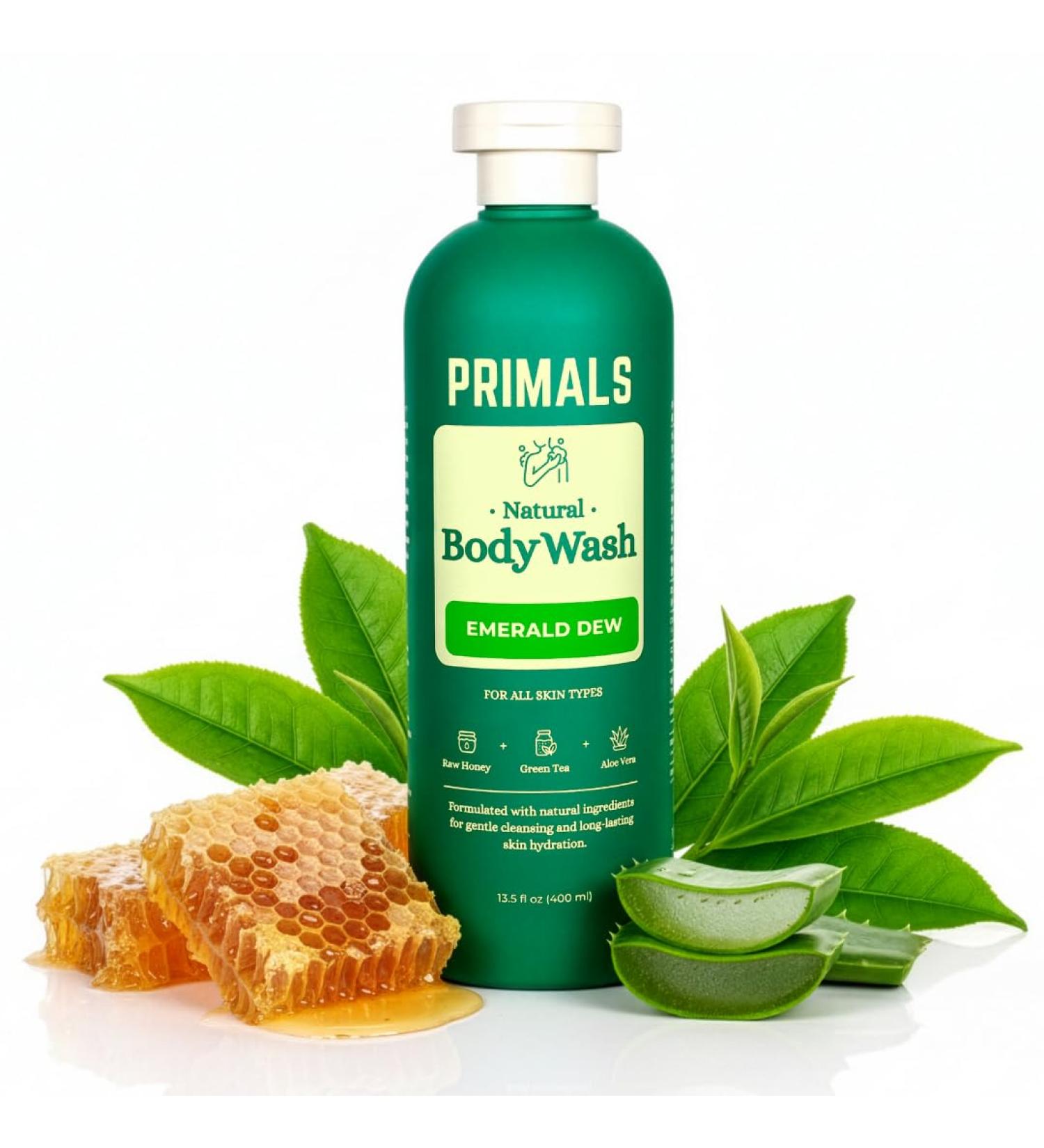 PRIMALS Natural Body Wash - Aloe Vera Raw Honey Green Tea - Natural Ingredients - Zero Artificial Fragrances Sulfates Parabens or Dyes - 13.5 Fl Oz - Buy Online on GoSupps.com
