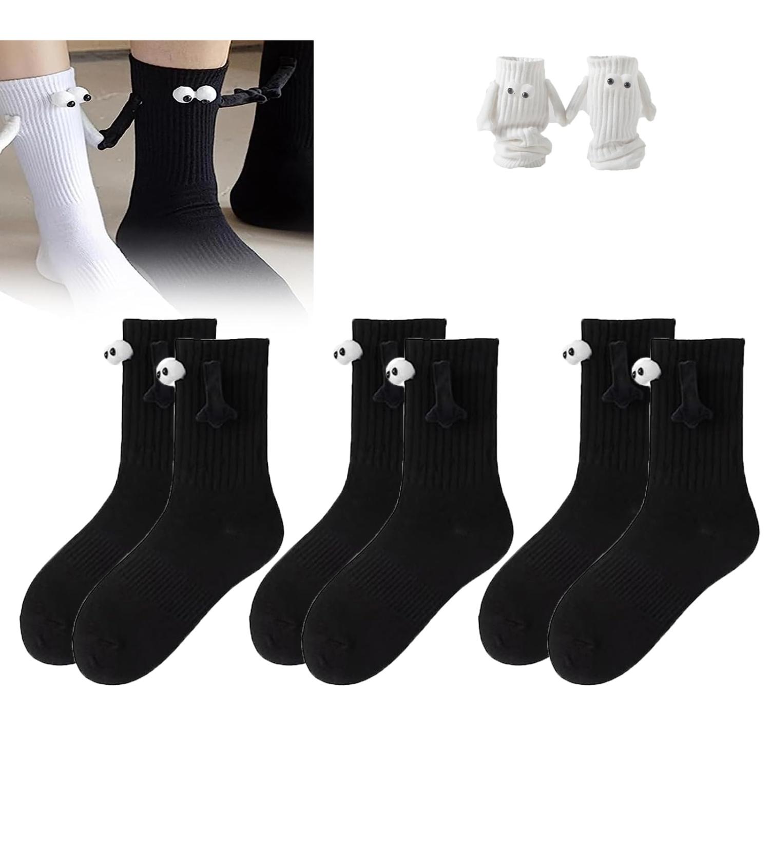 Innovative INHLUGLK Couple Holding Hands Socks - Magnetic Suction 3D Doll Design | Friendship Magnet Unisex Couple Socks (Black 3 pairs) - Buy Online on GoSupps.com