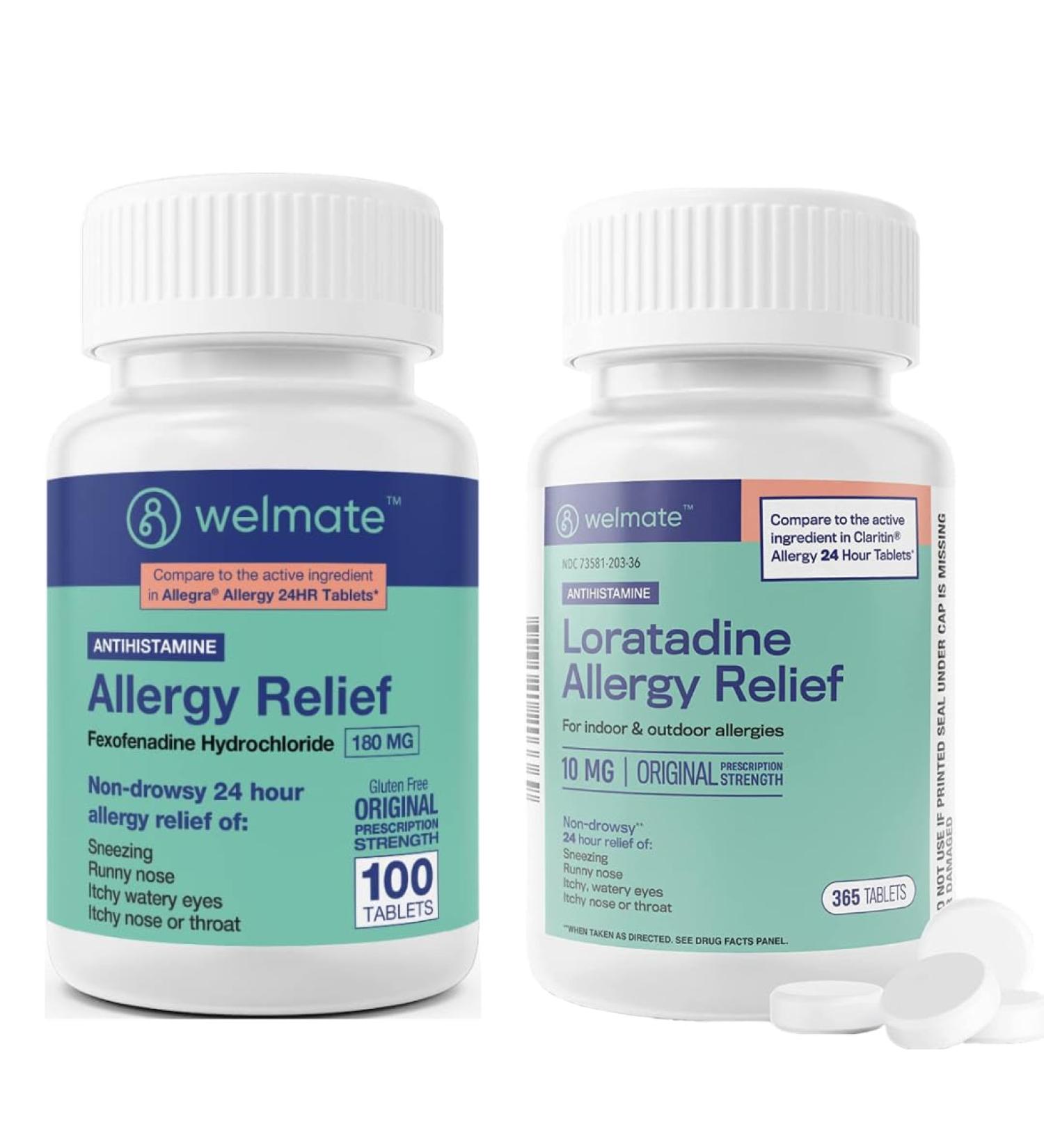 WELMATE Dual Allergy Relief Bundle | Fexofenadine 180mg + Loratadine 10mg | Non-Drowsy 24 Hr Antihistamines | 200 + 365 Tablets
