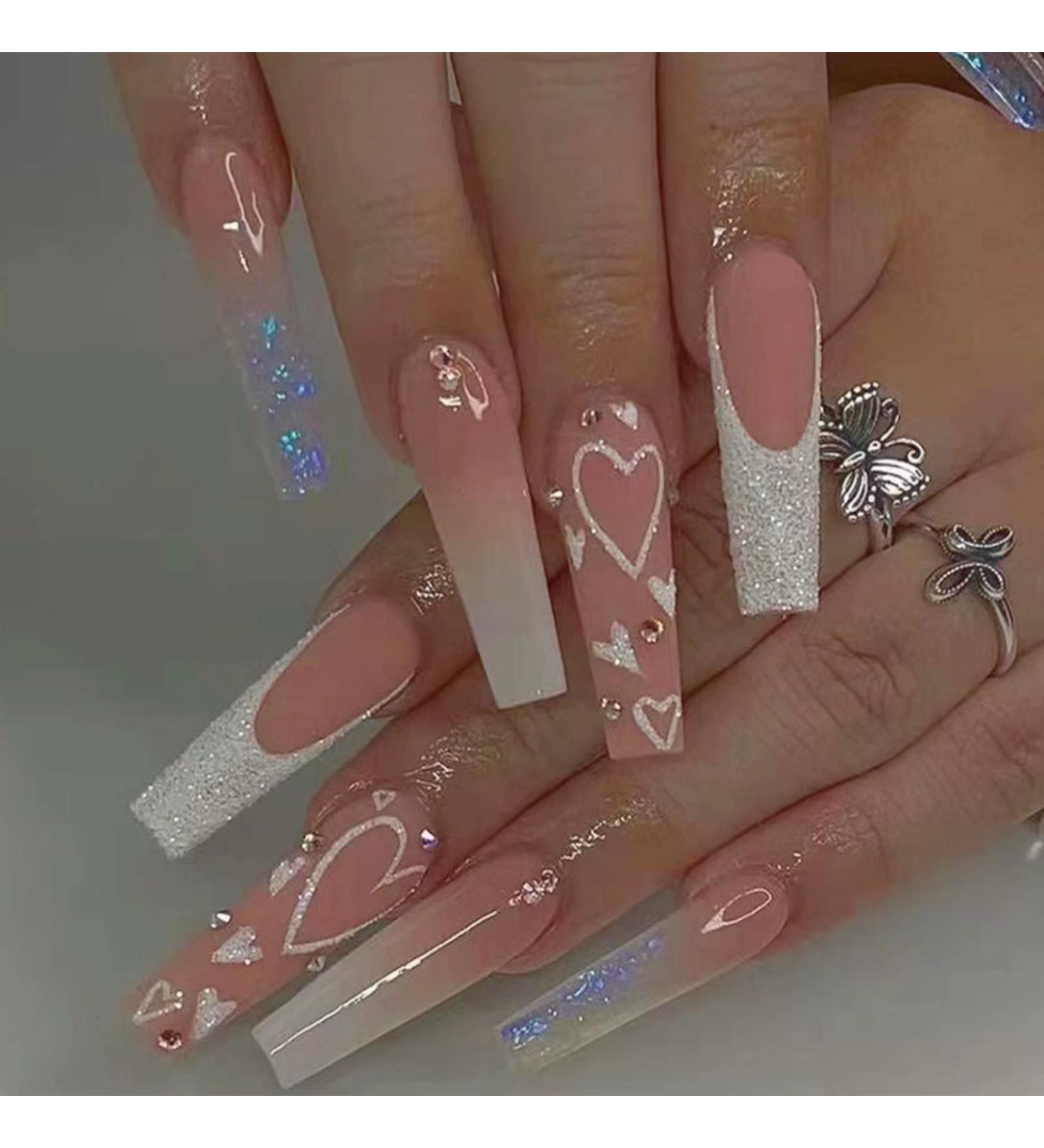 Runrayay French Artificial Nails with Sequins & Rhinestones - Extra Long Heart Pattern Press-On Nails Art Kit for Women & Girls (24 pcs) - Buy Online on GoSupps.com