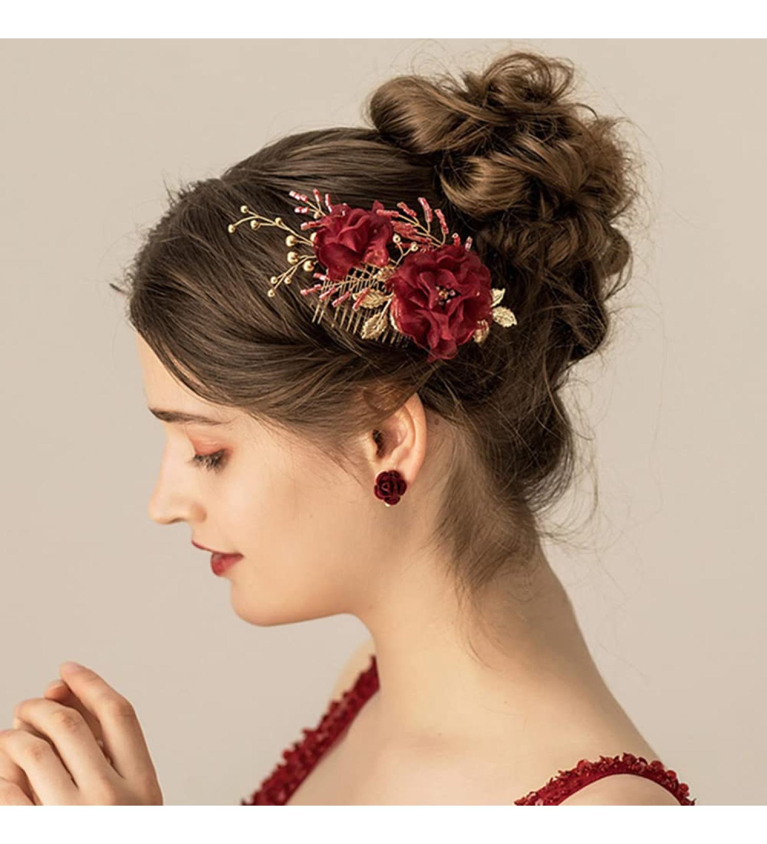 Handmade Red Flower Lace Bridal Hair Comb - Elegant Wedding Side Comb for Women - Buy Online on GoSupps.com