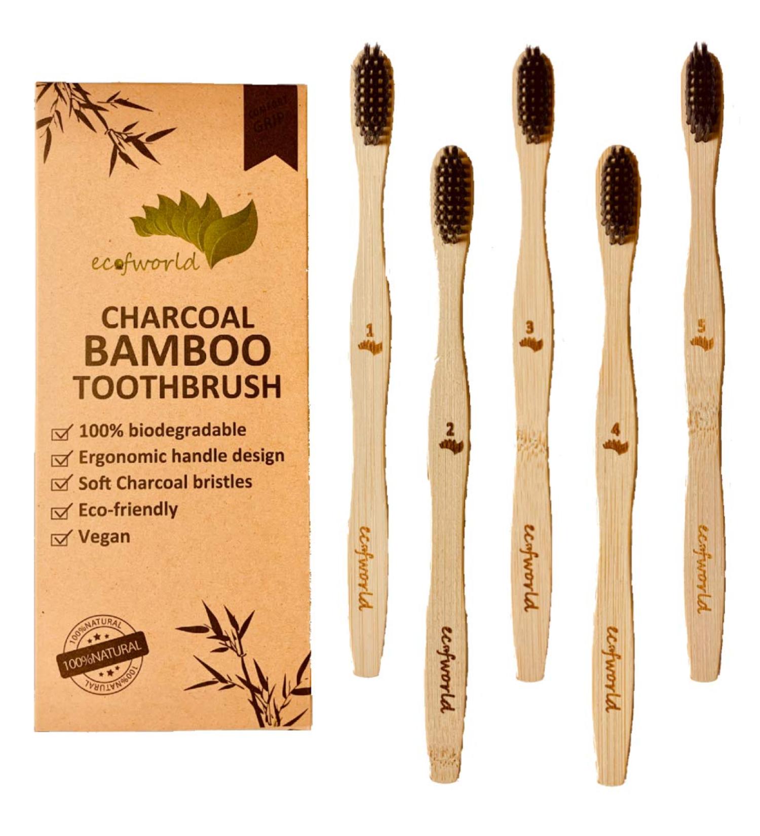 ECOFWORLD Soft Charcoal Bamboo Toothbrush - USDA Certified Organic, BPA Free, Biodegradable - 5 Pack - Buy Online on GoSupps.com