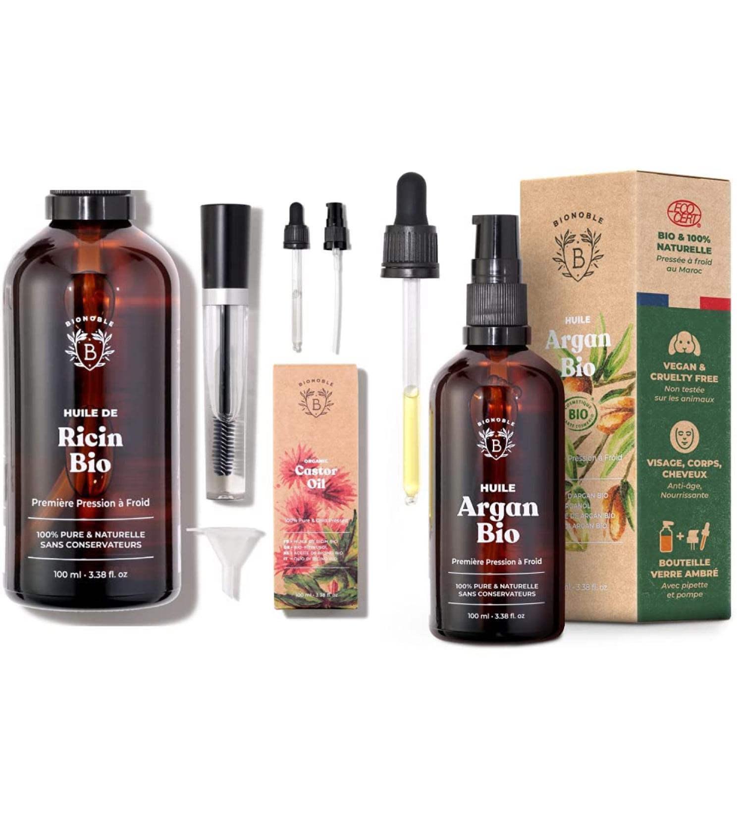 Bionoble Organic Castor Oil & Argan Oil Bundle | 100% Pure Cold-Pressed | Vegan Cruelty-Free | Perfect for Face Body Hair Beard Nails | 100ml Glass Bottle with Pump - Buy Online on GoSupps.com