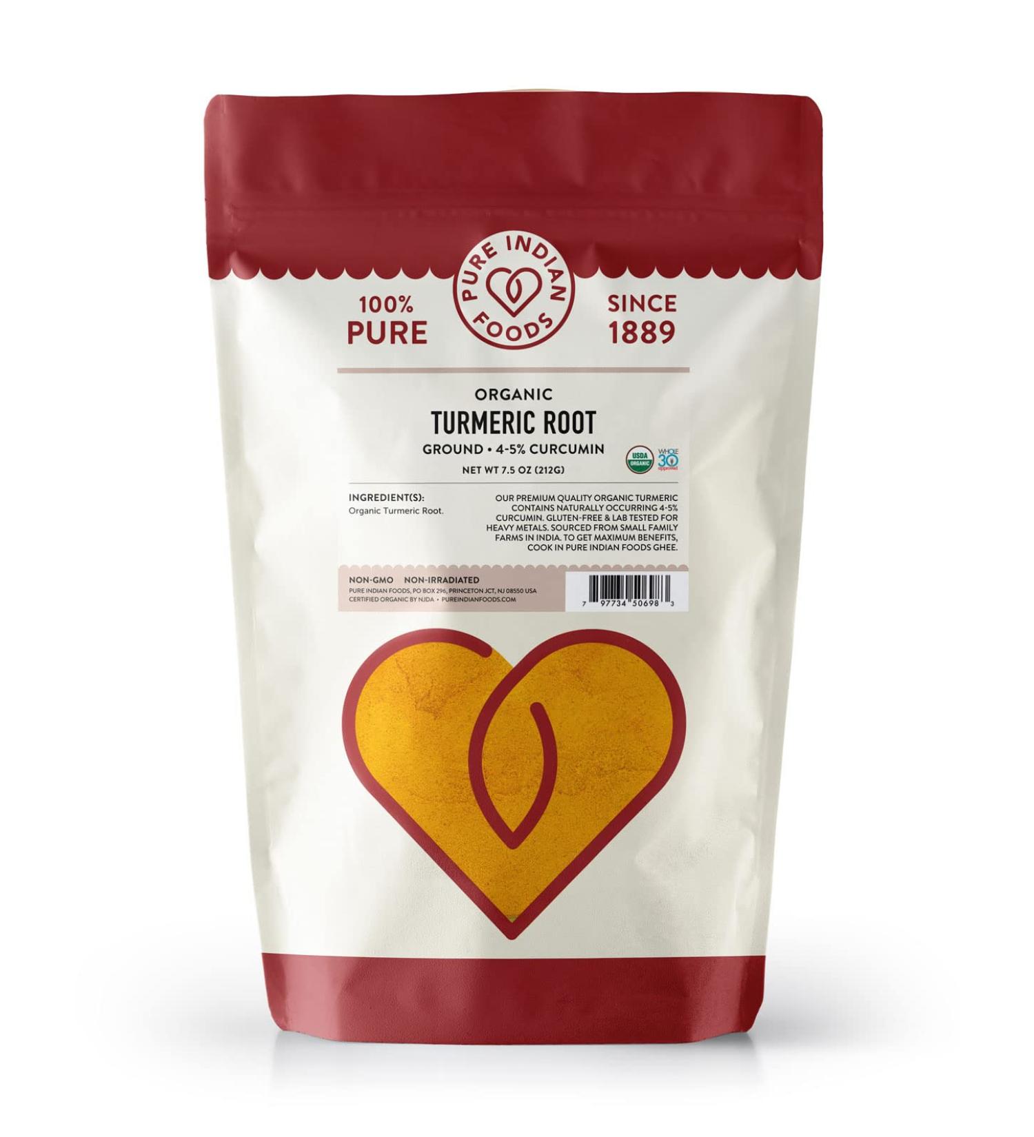 Organic Turmeric Root Powder - Pure Indian Foods - 7.5 oz (212g) - Buy Online on GoSupps.com