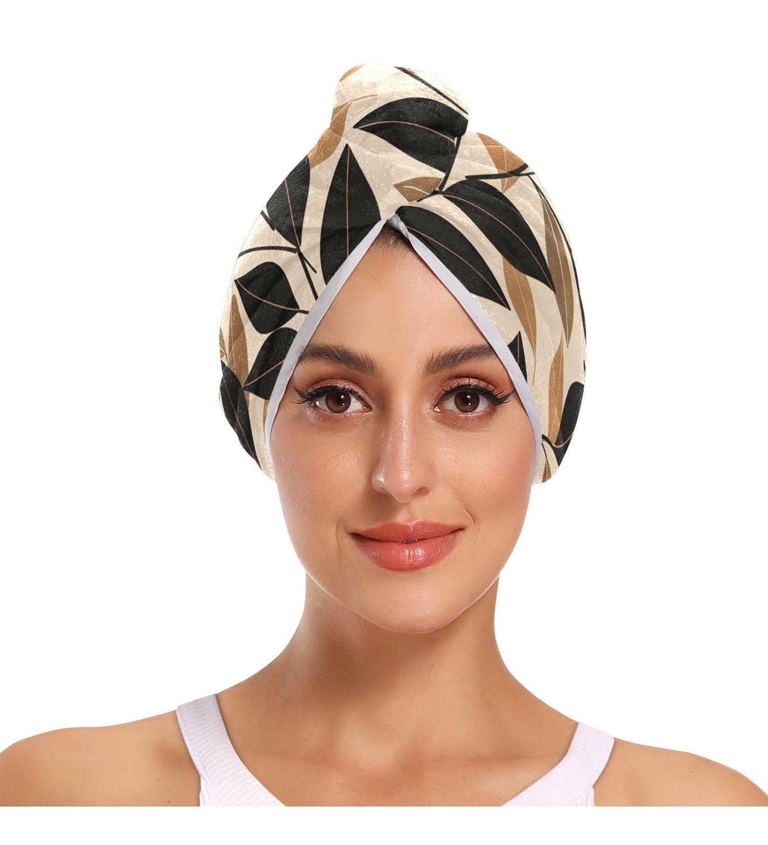 Black Brown Leaves Hair Towel 2 Pack - Super Absorbent Quick Dry Hair Turbans for Women & Girls - Buy Online on GoSupps.com