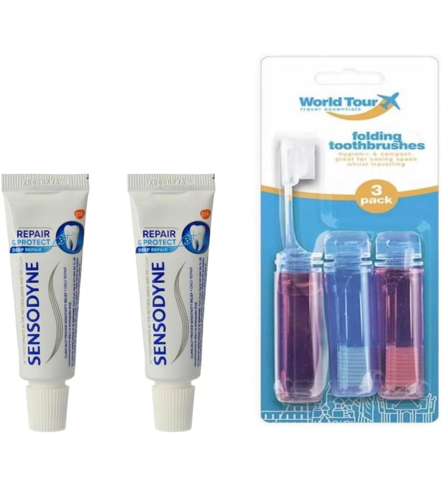 Oral Care Travel Set - Compact Toothpaste 2x15ml & 3 Foldable Toothbrushes for Holiday Trips | International Shipping - Buy Online on GoSupps.com