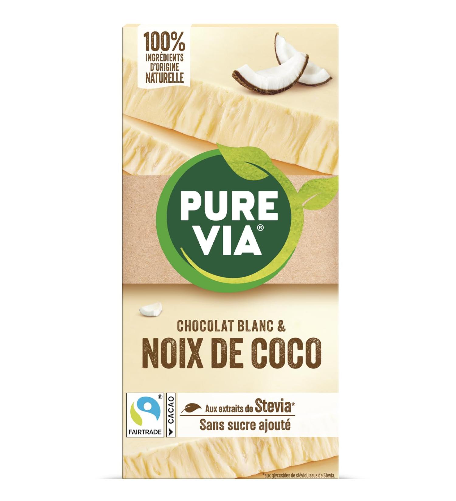 Pure Via Tablette Chocolat Blanc & Coco la Stevia Sans sucre ajout quitable 100g Chocolate Blanc & Coco 100 grammes - Buy Online on GoSupps.com