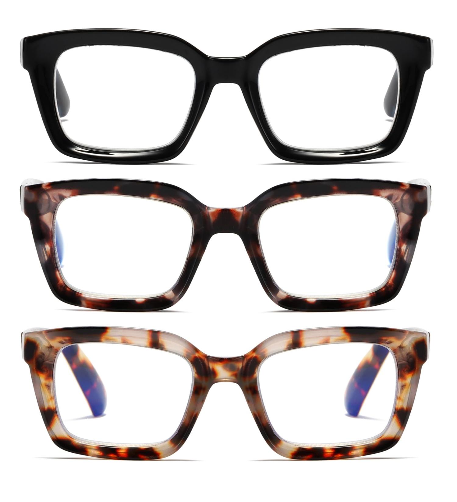 Hubeye Reading Glasses for Women - 3 Pack Oprah Style Square Blue Light Blocking Readers with Spring Hinge +2.5 Diopters - Black/Grey & Dark Grey Leopard - Buy Online on GoSupps.com