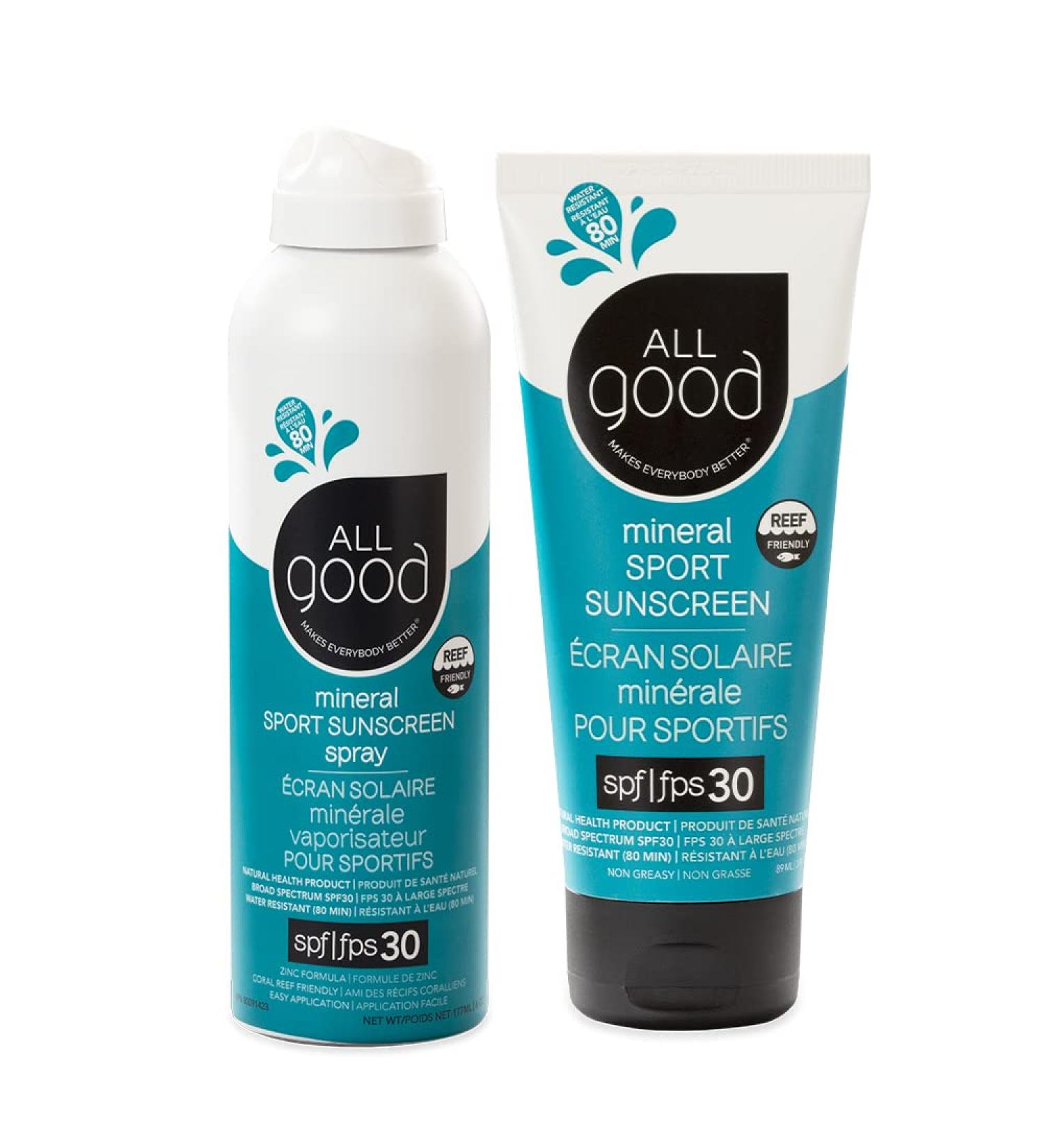 All Good Sport Face & Body Sunscreen - UVA/UVB Broad Spectrum Water Resistant Coral Reef Friendly - 30 SPF Sunscreen Spray & Lotion 2-Pack - Buy Online on GoSupps.com