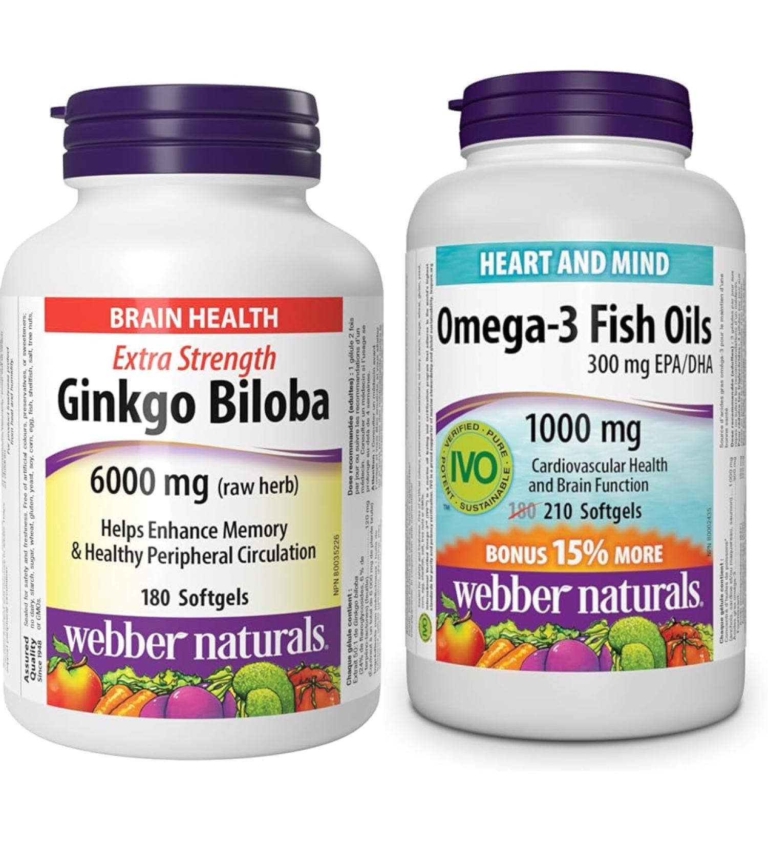 Webber Naturals Ginkgo Biloba 6000 mg 180 Softgels Helps Enhance Cognitive Function and Memory & Omega-3 Fish Oil 1 000 mg 210 Softgels Supports Cardiovascular Health and Brain Function Softgels + SUPPLEMENT 03872 - Buy Online on GoSupps.com