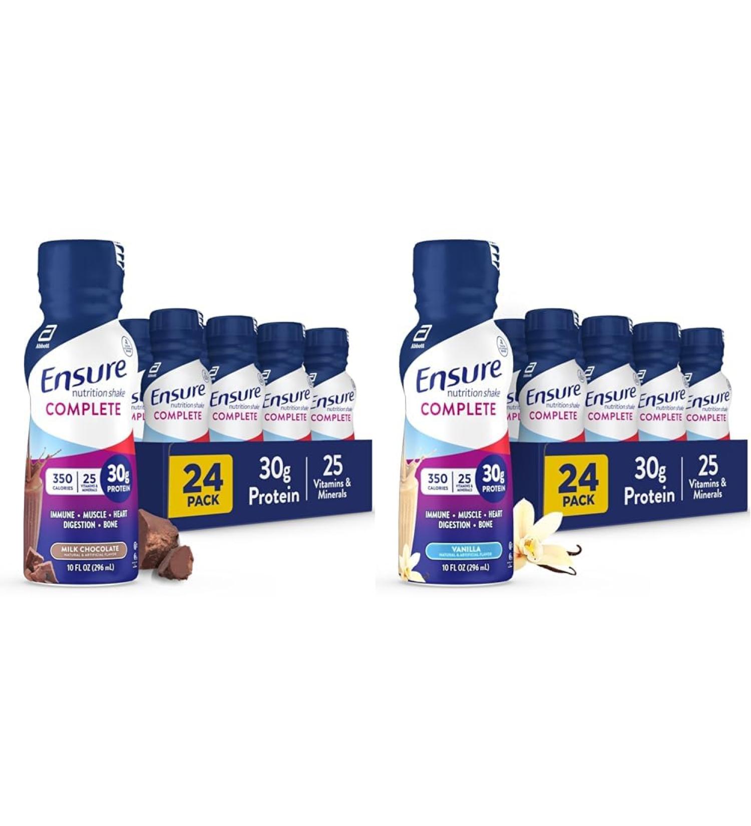 Ensure COMPLETE Nutrition Shake with 30g Protein Immune Health Nutrients Chocolate and Vanilla Flavors Pack of 24 (10 fl oz) - Buy Online on GoSupps.com