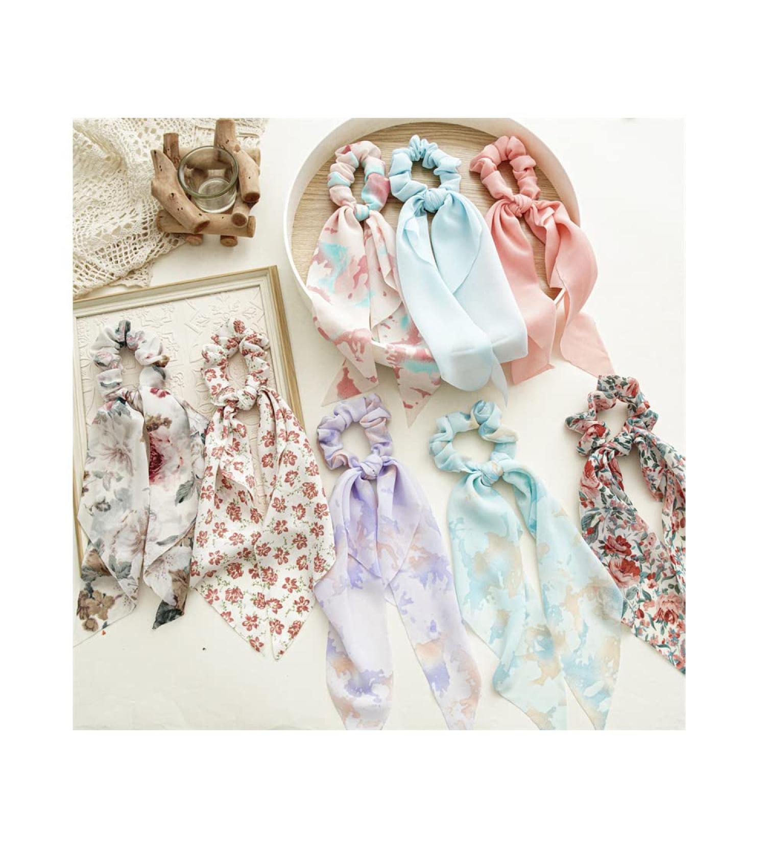 8pcs Chiffon Bow Hair Scrunchies Set for Women and Girls - Floral Blue Pink - Buy Online on GoSupps.com