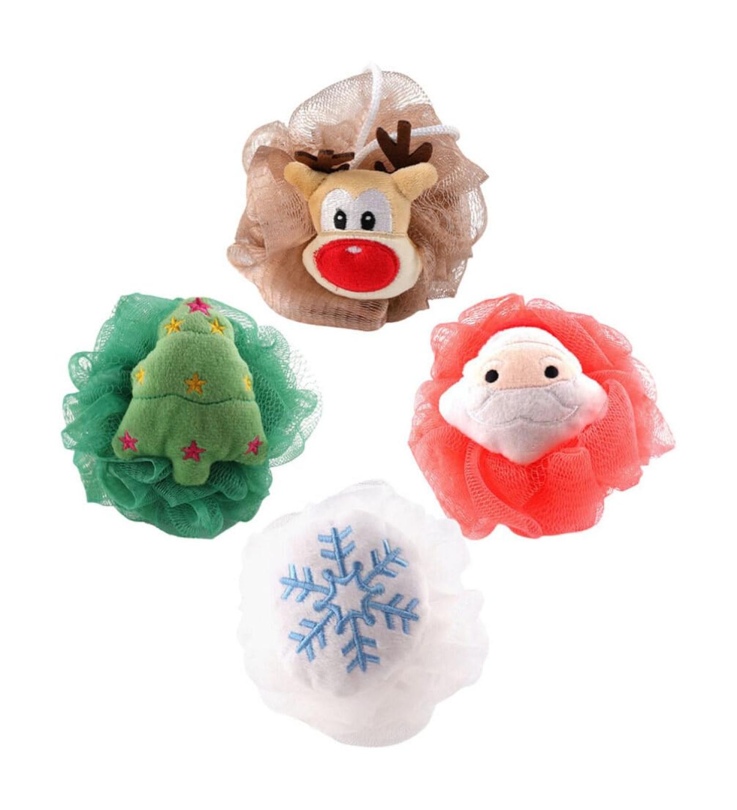 FRCOLOR 4pcs Christmas Bath Loofah Set - Santa Claus & Xmas Tree Pouf Shower Sponge for Kids | Exfoliating Body Scrubber - Buy Online on GoSupps.com