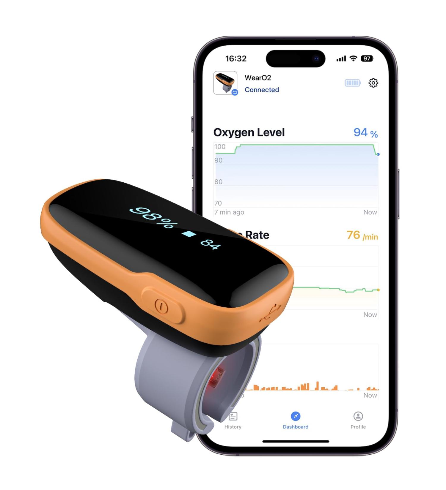 Vibeat WearO2 Bluetooth Pulse Oximeter - Continuous Blood Oxygen & Heart Rate Tracker Wearable Finger Monitor Free APP FSA/HSA Eligible - Buy Online on GoSupps.com
