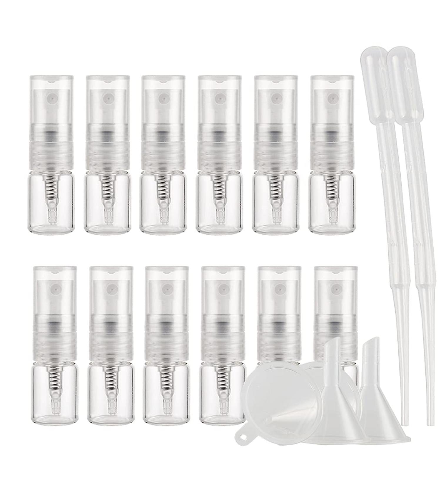 TIANZD Pack of 25 Empty 2ml Clear Transparent Glass Fine Mist Pump Spray Bottles Travel Mini Portable Spray Perfume Cosmetic Containers Sample Vials Refillable with Funnel and Dropper - Buy Online on GoSupps.com