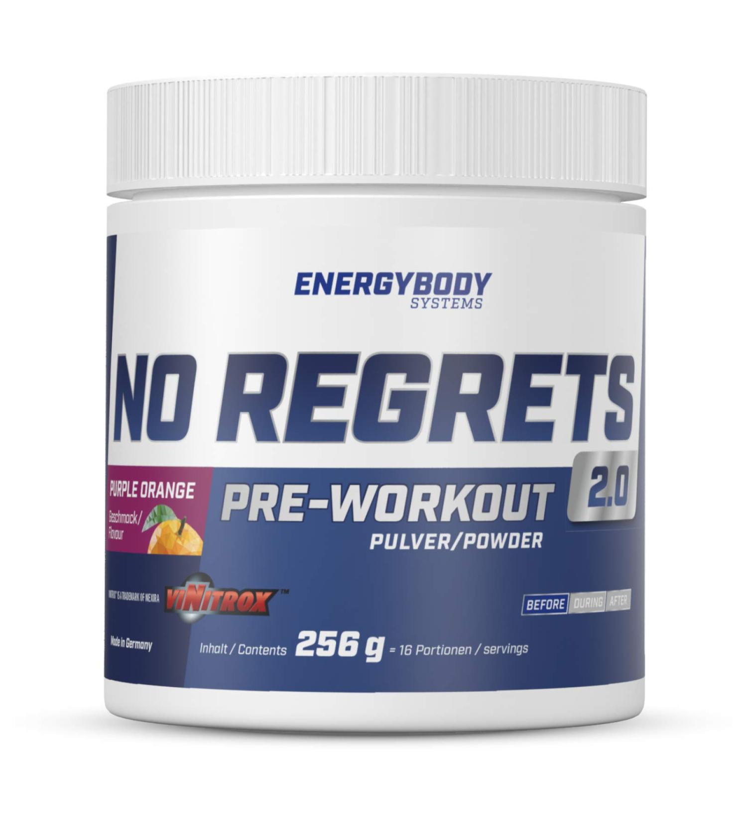 Energybody No Regrets Pre-Workout Booster 256G | Strong Caffeine BCAA Beta-Alanine | Boost Strength Endurance & Gaming | 18 Portions - Purple Orange Taste - Buy Online on GoSupps.com