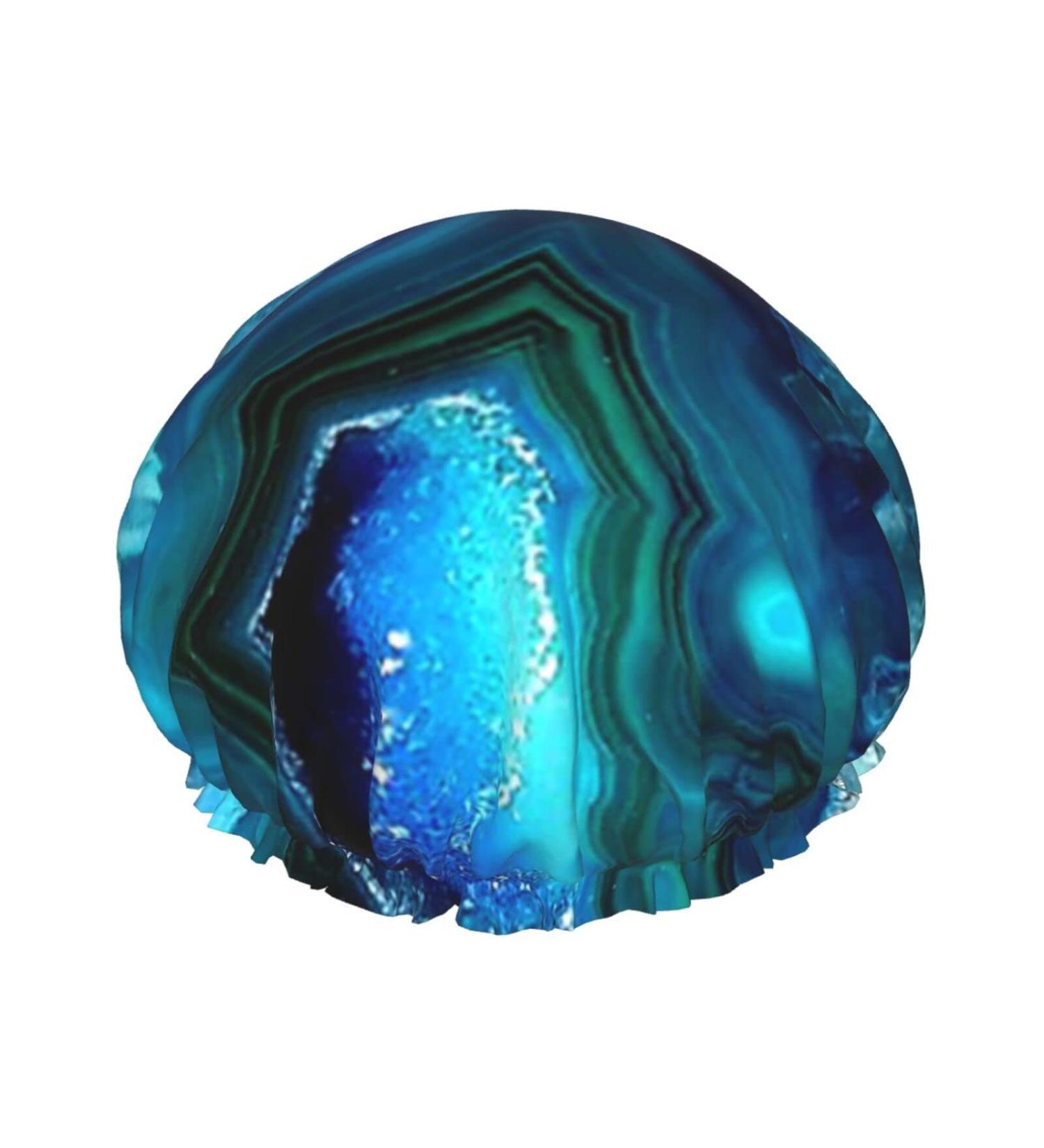 Women's Reusable Double Waterproof Bright Aqua Blue Printed Shower Cap | Elastic Bathing Hat - Buy Online on GoSupps.com