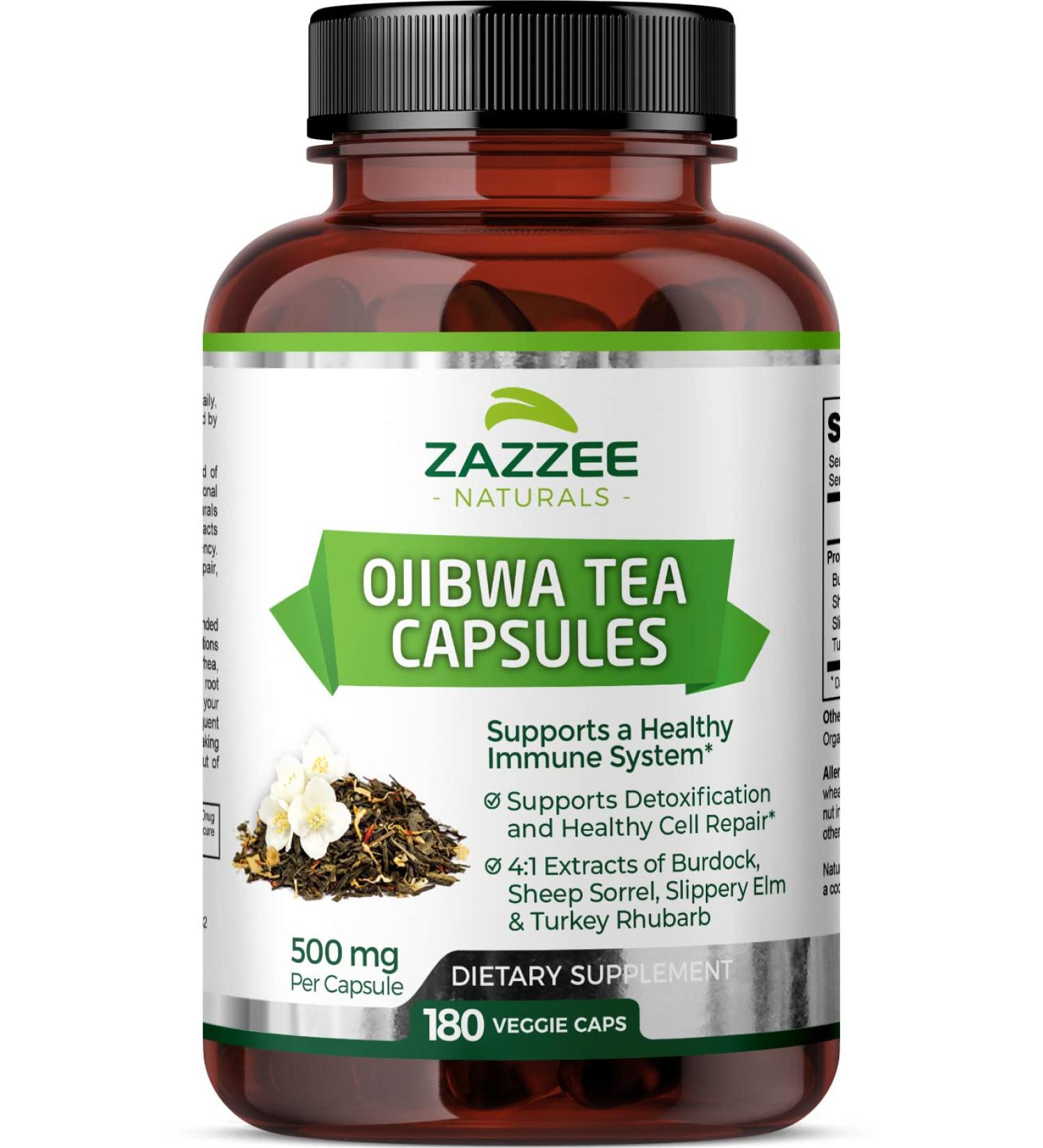 Zazzee Extra Strength Ojibwa Tea 500mg - 180 Vegan Capsules - Rene Caisse's Original Formula with Burdock, Sheep Sorrel, Slippery Elm, Turkey Rhubarb - Potent 4:1 Extracts - Vegan, Non-GMO, All-Natural - Buy Online on GoSupps.com