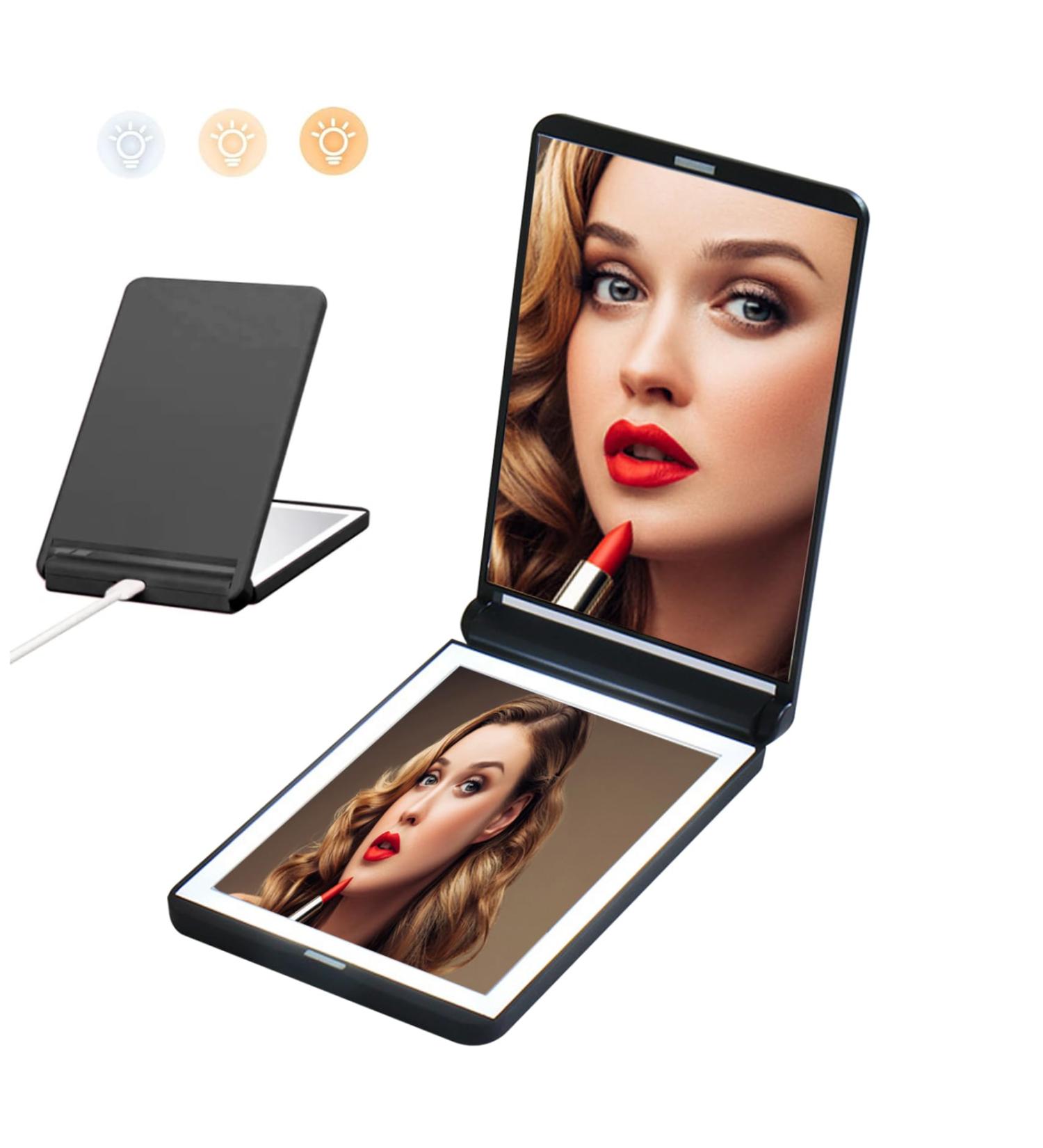 Magnifying Mirror with Light Foldable Compact Mirror 2-Sided Light Up Travel Mirror USB Rechargeable 1X and 2X Portable Mirror Makeup LED Mirror Gifts for Girls Black - Buy Online on GoSupps.com