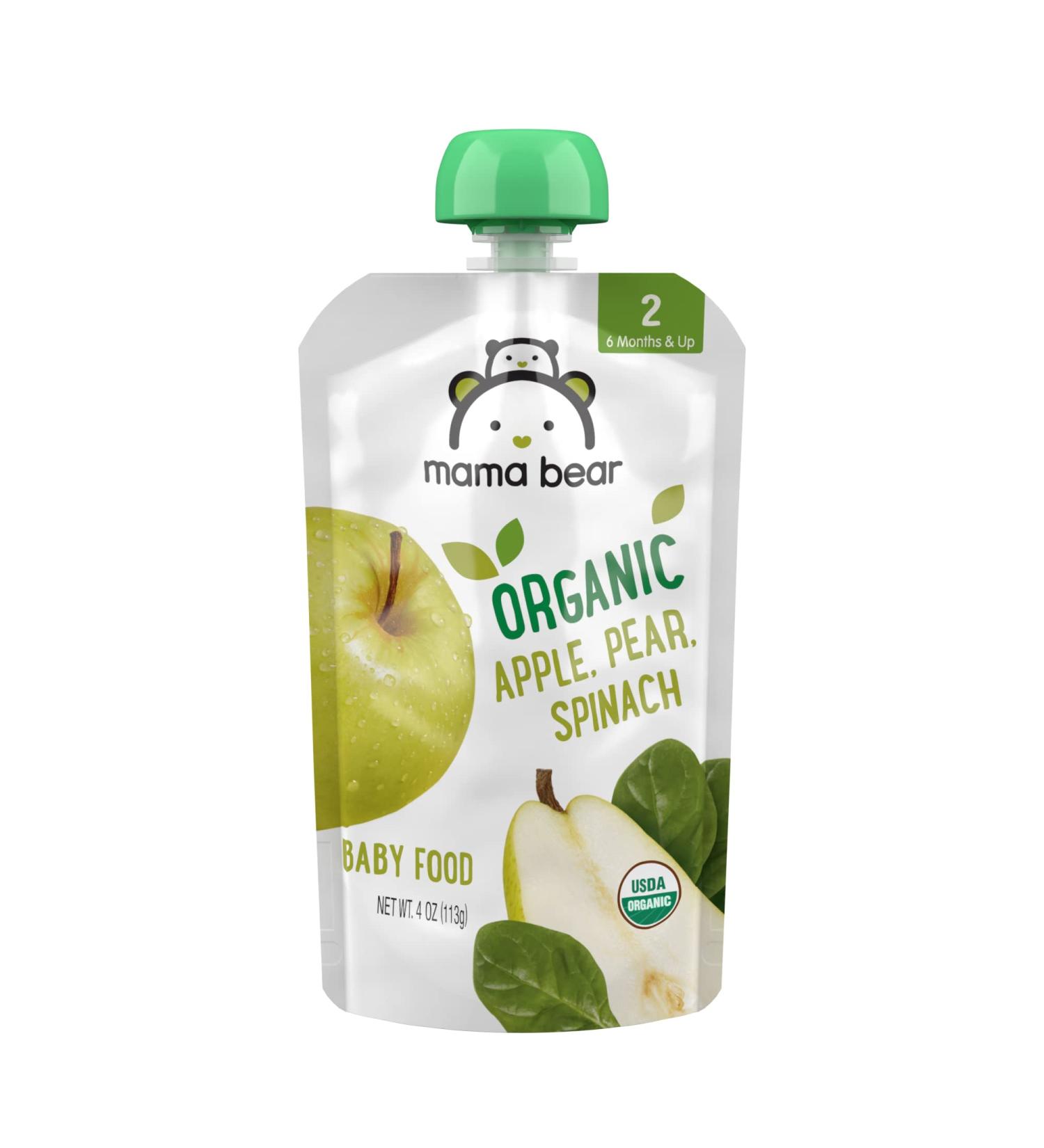 Mama Bear Organic Baby Food Stage 2 Apple Pear Spinach 4oz Pouch (Pack of 12) - Amazon Brand - Buy Online on GoSupps.com