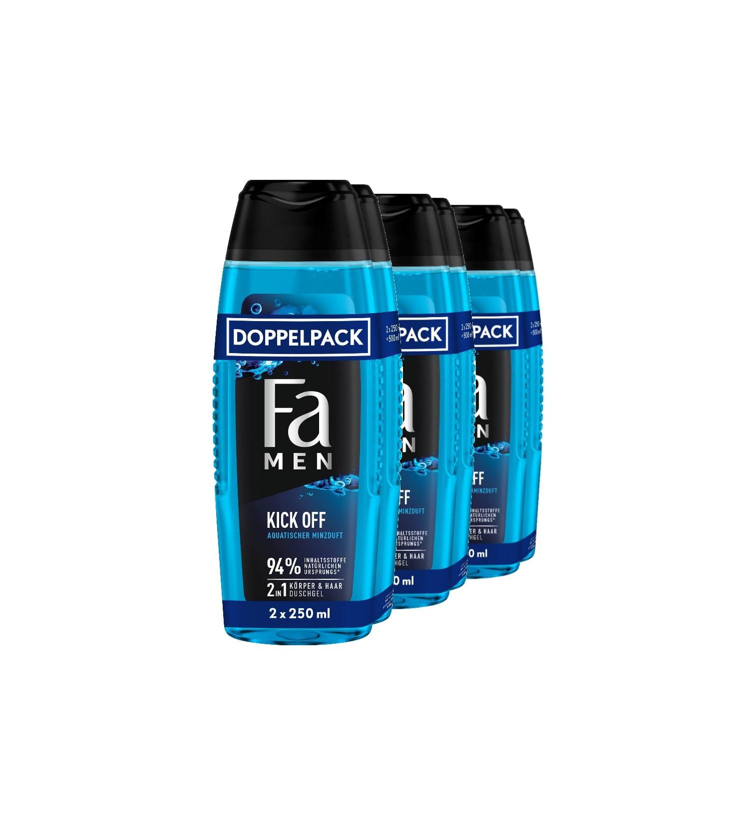 handle FA Men 2in1 shower gel Kick Off 2pack 3 x 2 x 250 ml 2in1 formula for hair and body activate your senses with the intensive masculine fresh scent of eucalyptus and aquatic mint - Buy Online on GoSupps.com