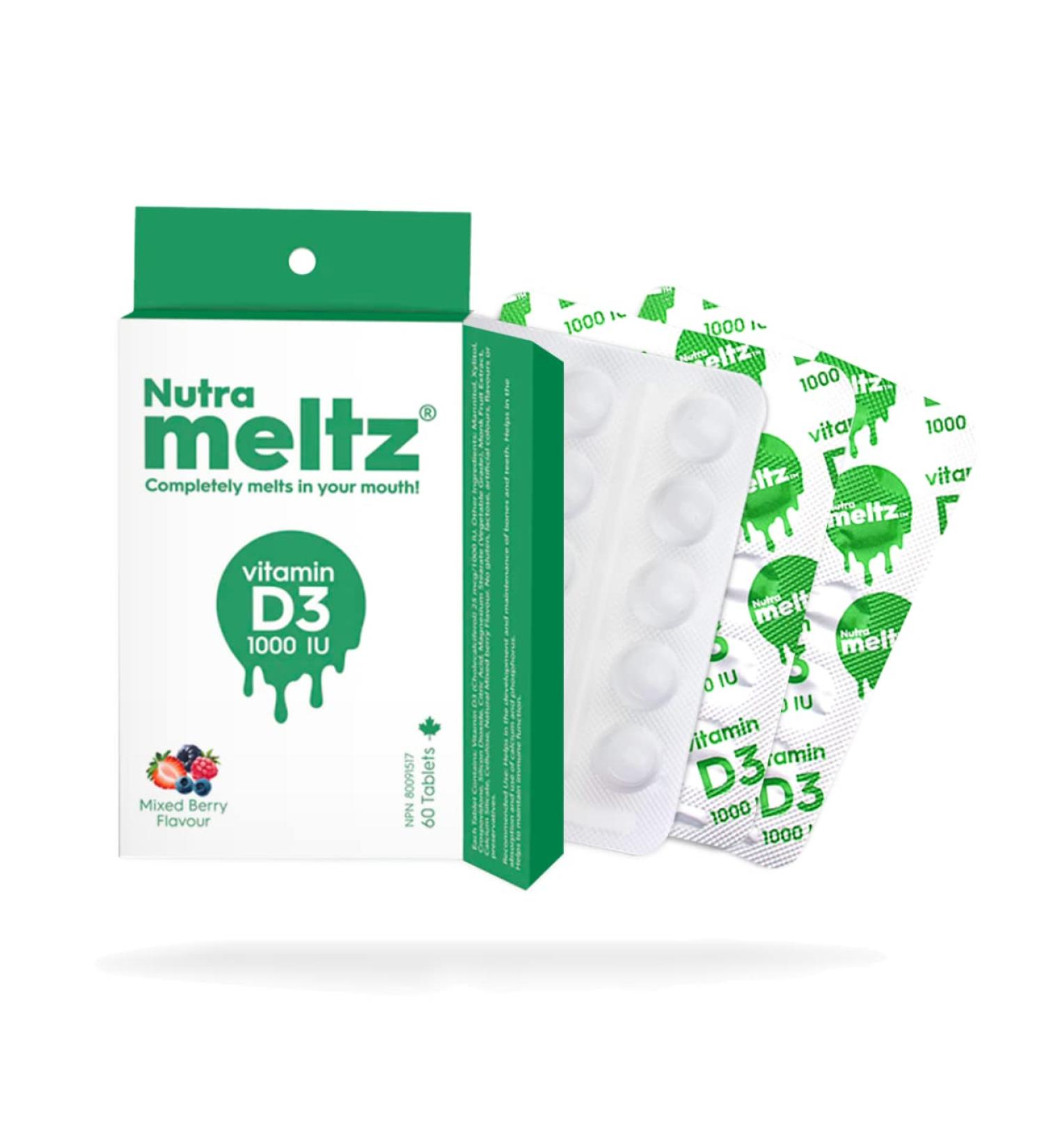 Nutrameltz Vitamin D3 1000 IU Supports Stronger Bones & Teeth Boost Immunity Vitamins Prevents Inflammation Quick Dissolving Tablets Mouthwatering Mixed Berry Flavor (60 Tablets) - Buy Online on GoSupps.com