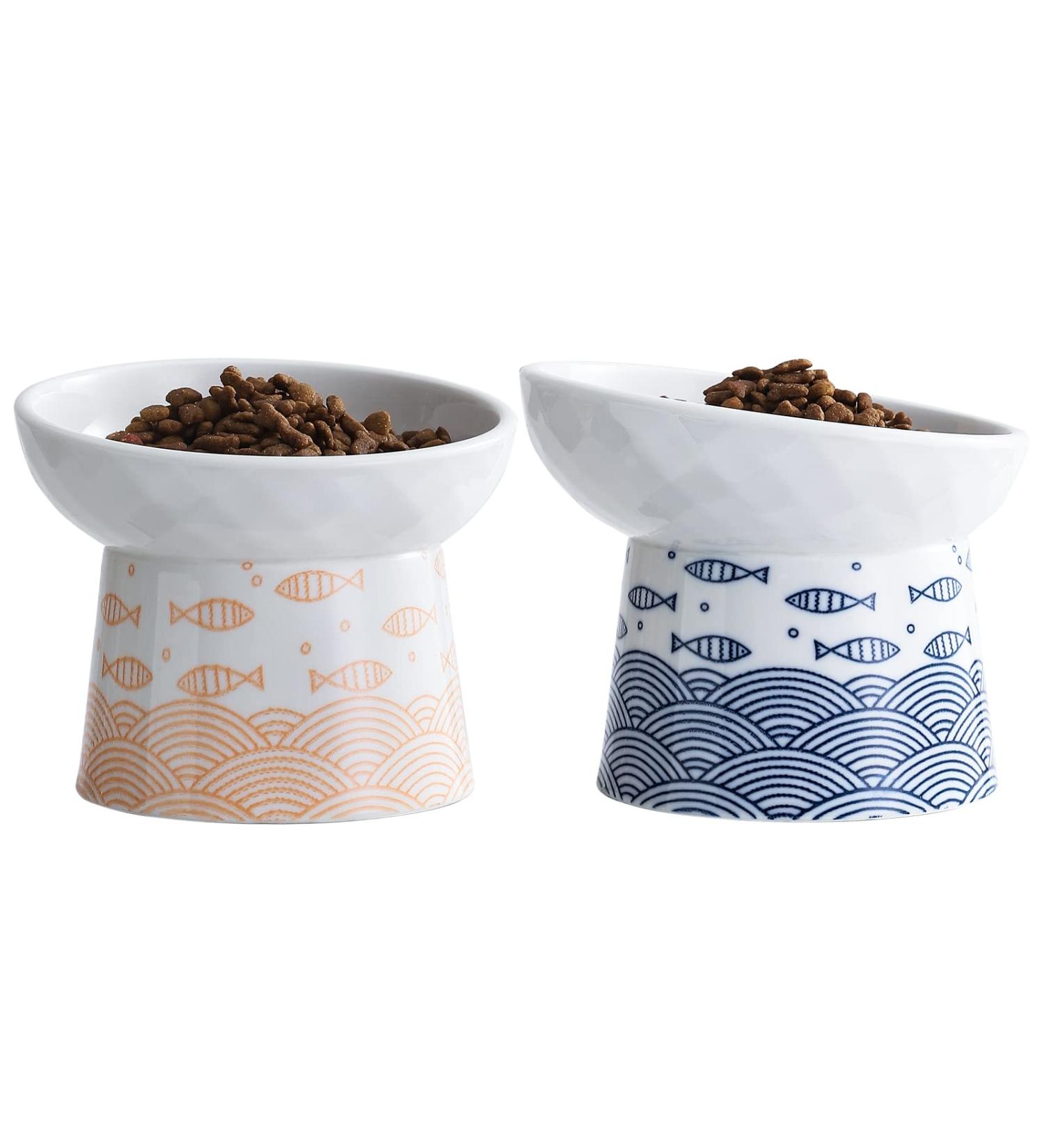 Set of 2 Ceramic Cat Bowls - Tilted Elevated Pet Feeder for Cats and Small Dogs - Dishwasher & Microwave Safe - Blue & Orange - Buy Online on GoSupps.com