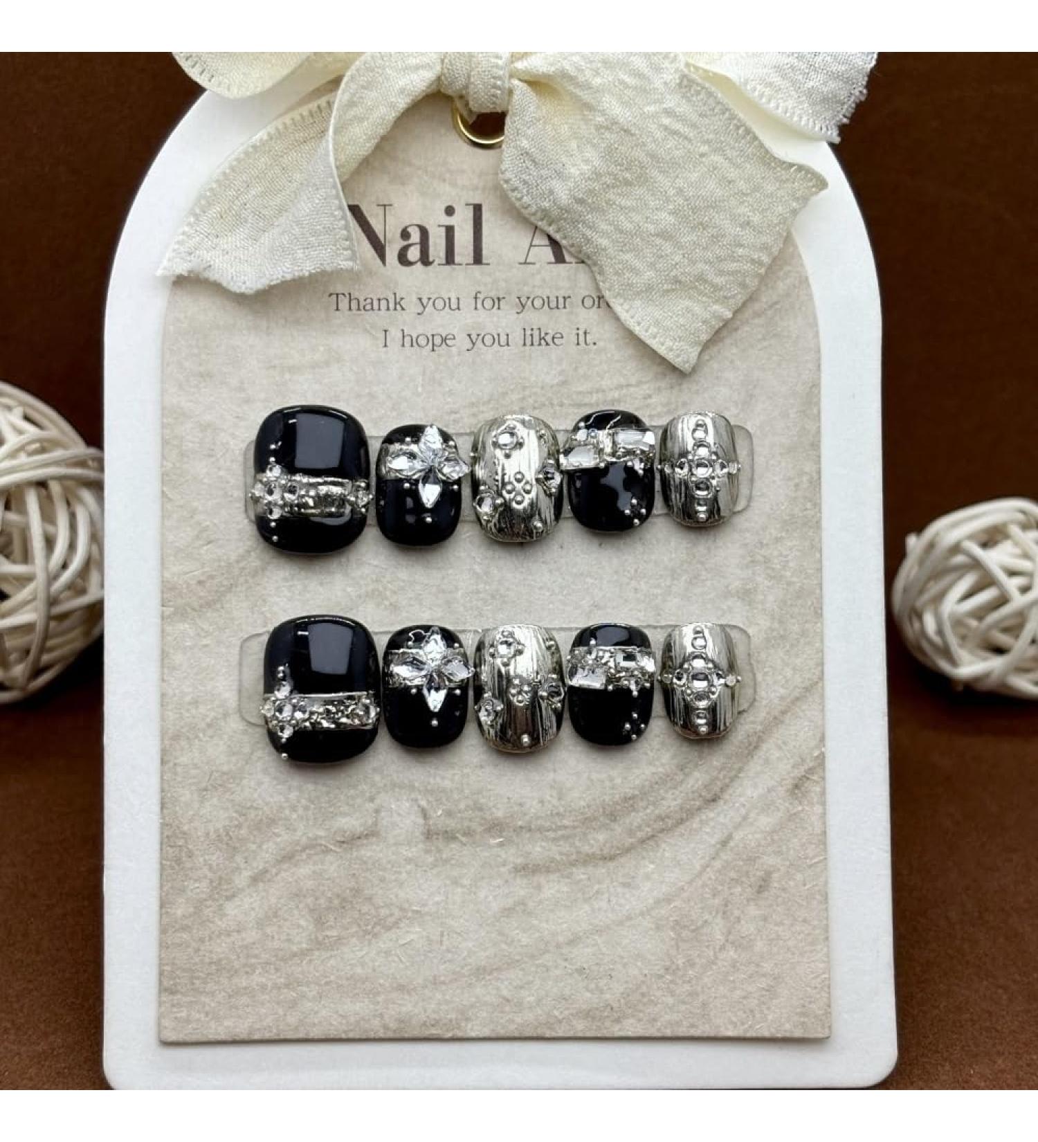 Handmade wearing nail patches black gold sweet and cool style short wearable fake nails detachable 10PCS (Size : XS)