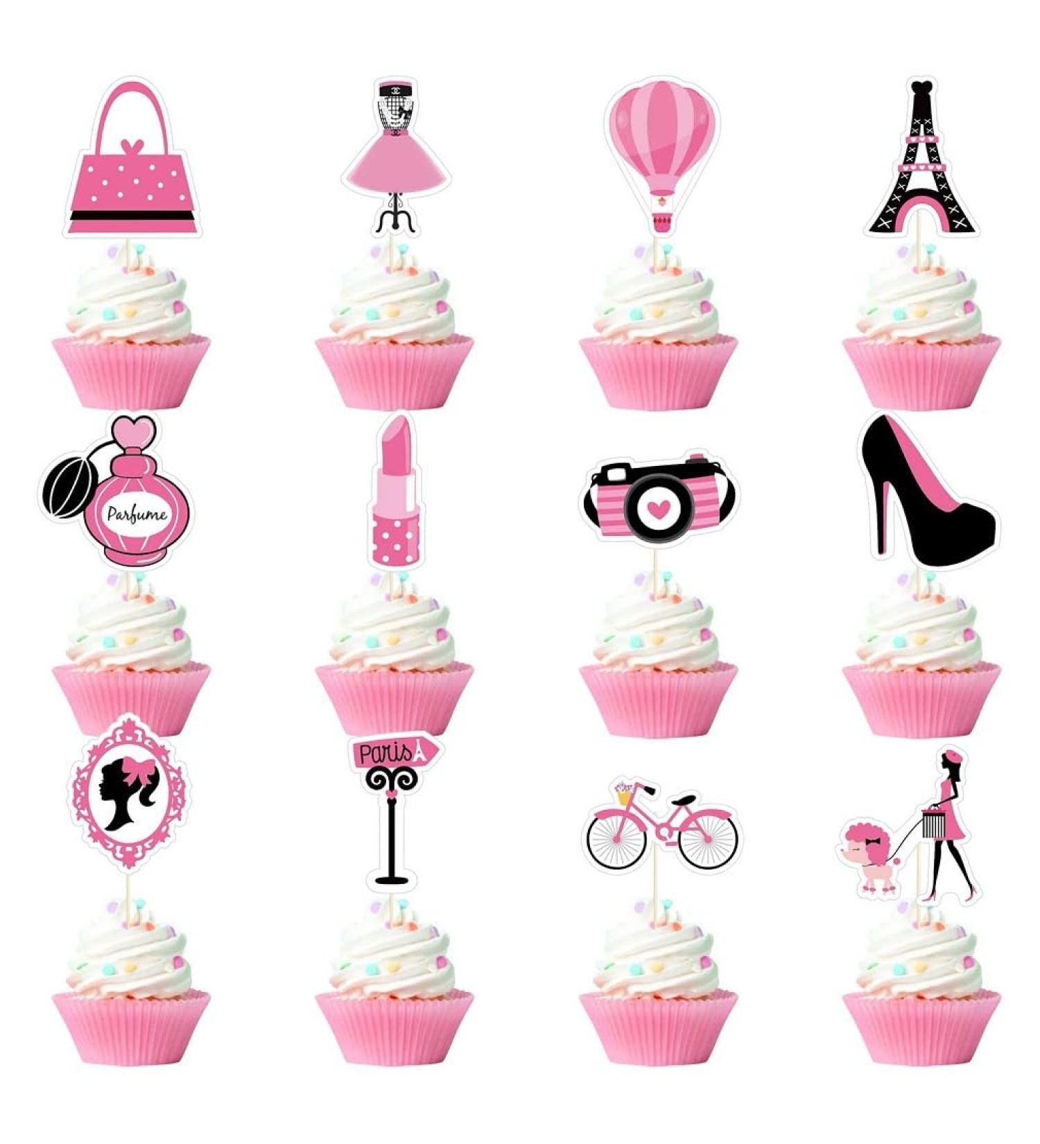 12 Pcs Romantic Paris Cake Decoration Eiffel Tower Bicycle High Heel Perfume Hot Balloon Cupcake Toppers