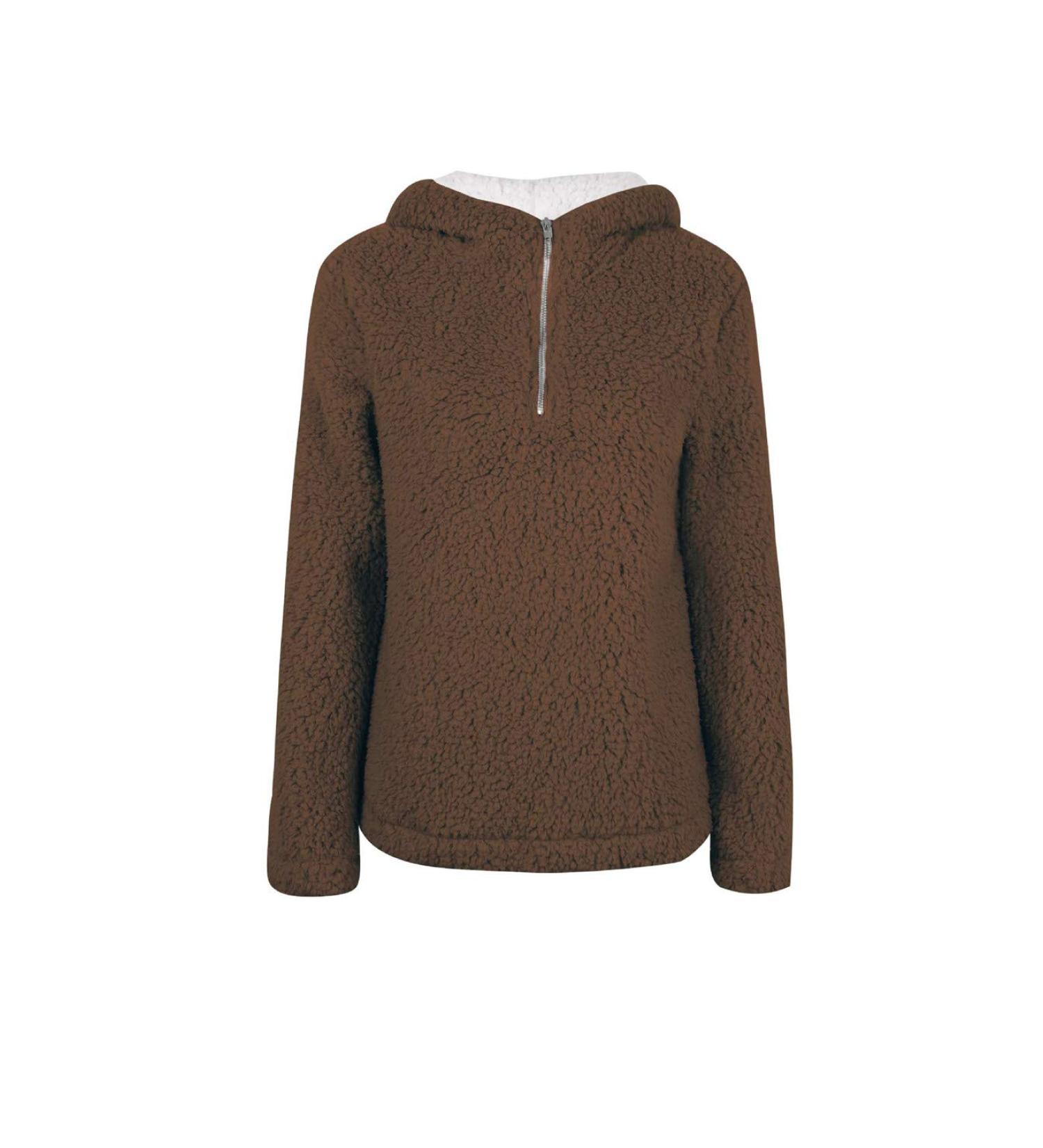 Bigfanshu Women's Dresses Autumn and Winter New Plush Long-Sleeved Hooded Zipper Blouse Coffee - Buy Online on GoSupps.com