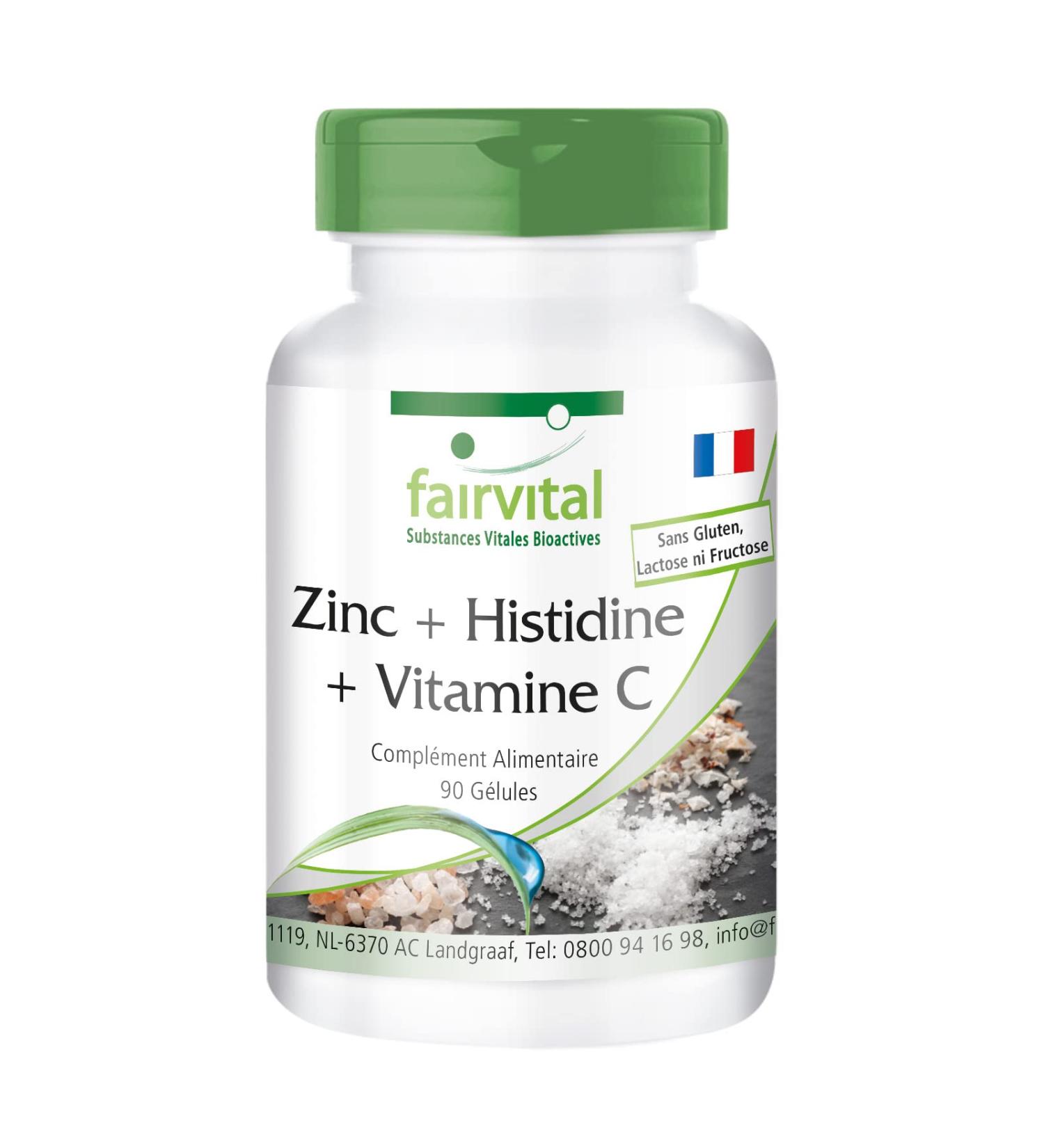 Fairvital | Zinc + Histidine + Vitamin C - for 3 months - with 300mg of Vitamin C 10mg of Zinc & 100mg of Histidine per capsule - Vegan - 90 capsules - Buy Online on GoSupps.com