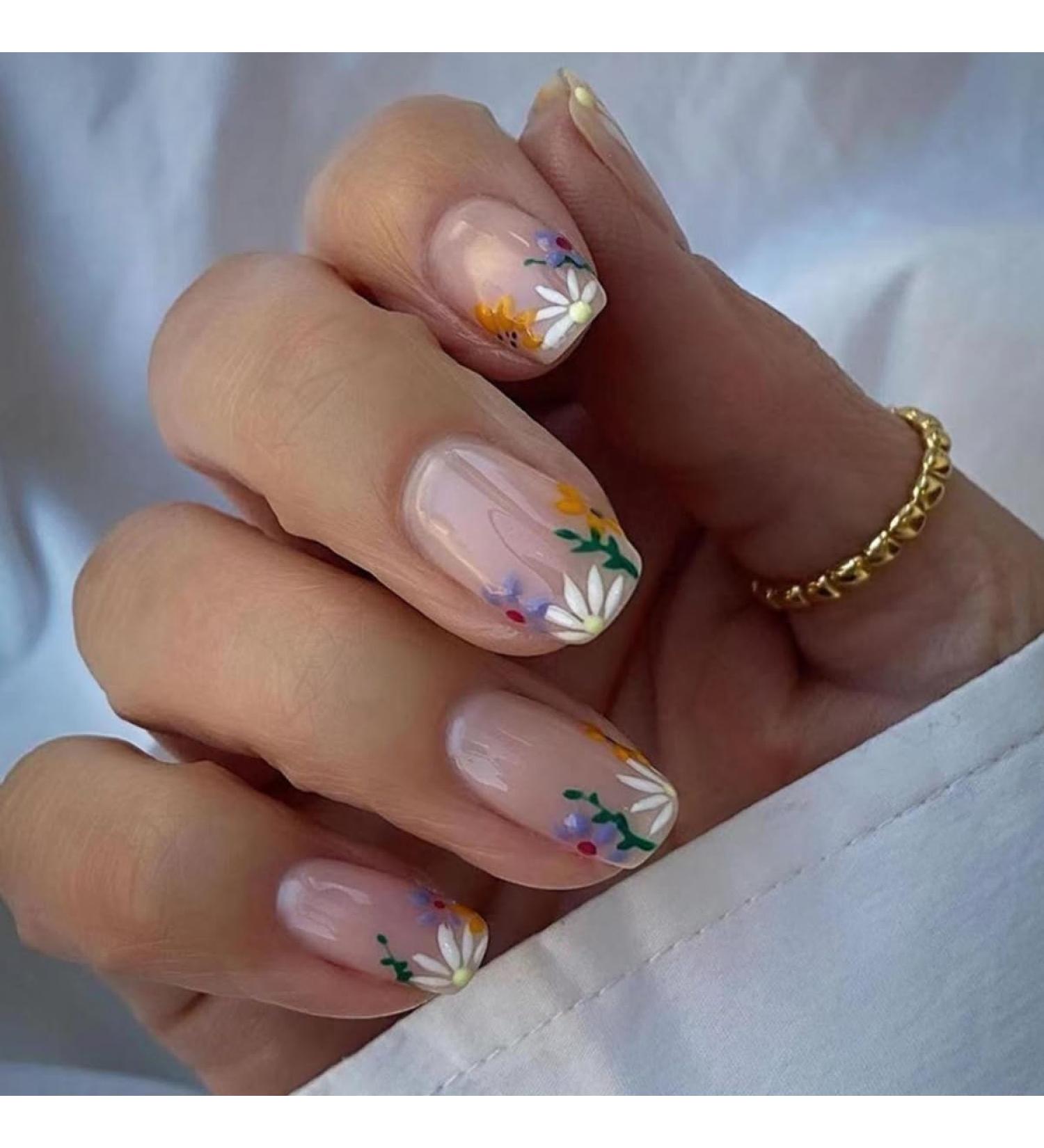 Justotry 24 Pieces White Flower Angular Press-On Nails | Glossy Artificial Nude Nails for Women | Daisy French Square Fake Nails - Buy Online on GoSupps.com