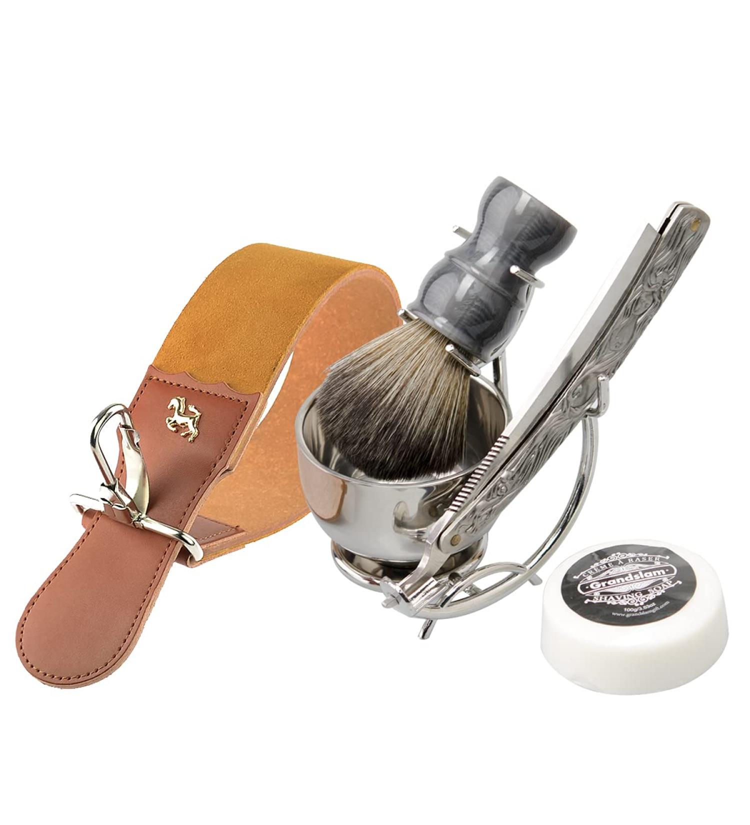 Grandslam Shaving Straight Razor Kit - Premium Steel Cutthroat Razor Leather Strop Brush Bowl & Shaving Soap - Perfect Gift for Men - Silver - Buy Online on GoSupps.com