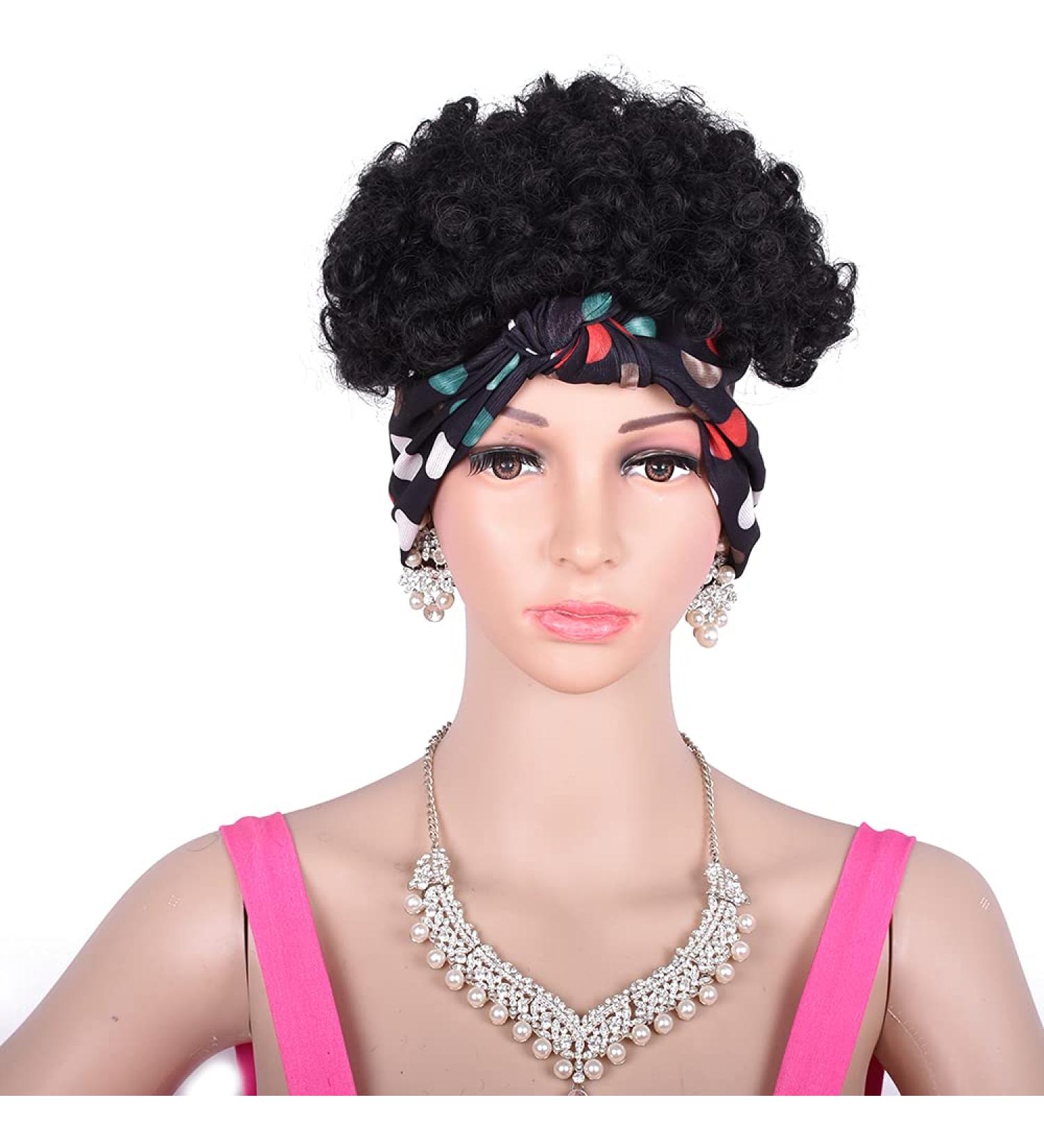 Short Afro Puff Hair Bun Turban - 2 In 1 Drawstring Headwrap & Synthetic Kinky Curly Updo Wig for Black Women | Shop Now! - Buy Online on GoSupps.com
