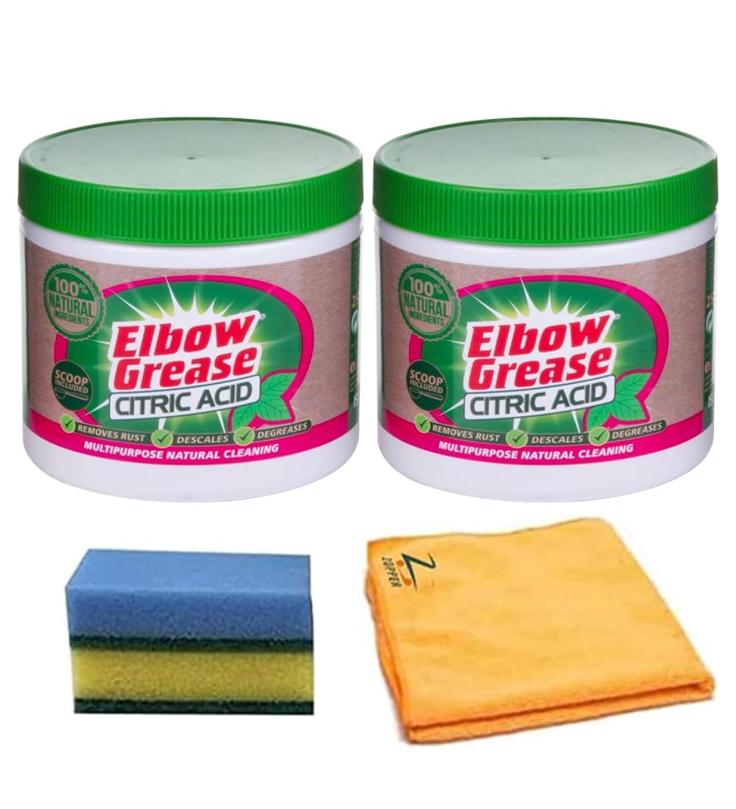 Elbow Grease Citric Acid 250g 2Pk and 1 x Microfiber Cloth & Sponge - Natural Descaler & Degreaser Cleans Stubborn Stains Removal Rust & Limescale - Countertops Appliances Elbow Grease Citric Acid - 250g - Buy Online on GoSupps.com