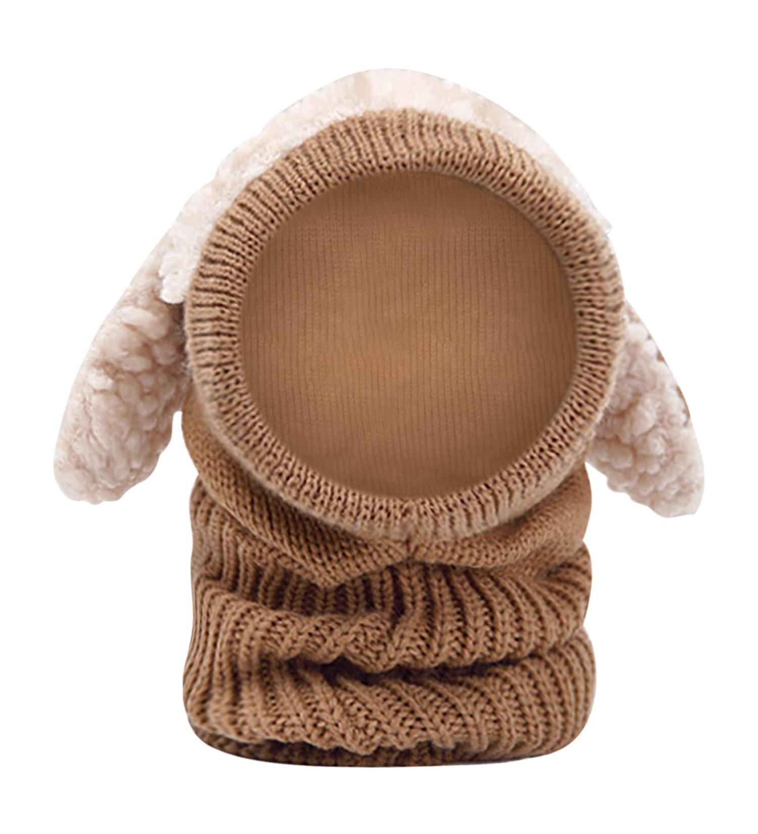 Baby Balaclava Double Pom Pom Knitted Hood Hat | Winter Warm Beanie Cap for Boys & Girls | Cute Small Bear Design | E-Brown - Buy Online on GoSupps.com