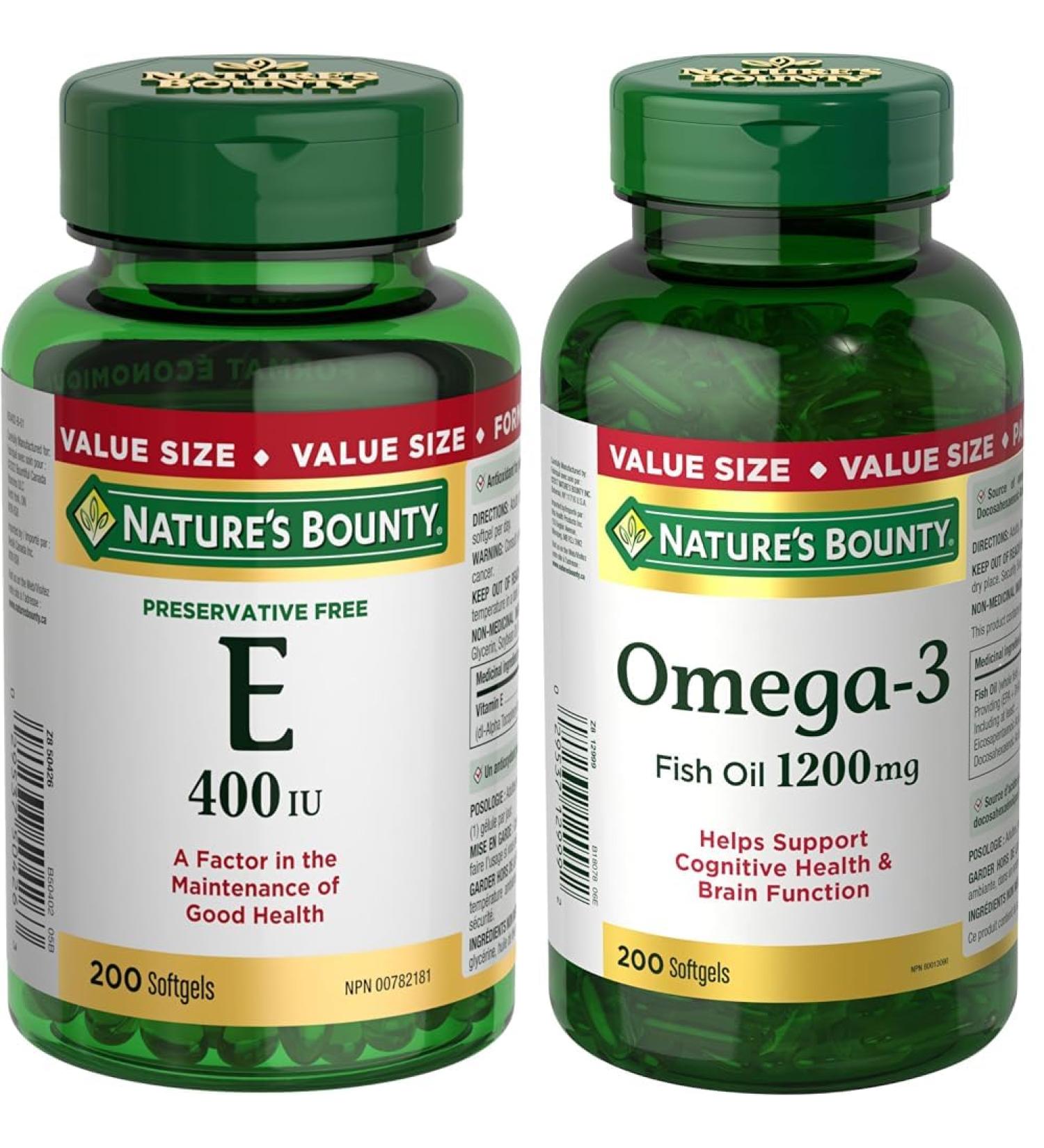 Nature's Bounty Vitamin E Pills And Supplement Helps Maintain Health 400Iu 200 Softgels & Fish Oil Pills Omega 3 Supplement Helps Support Cardiovascular Health 1200mg 200 Softgels Vitamin+ Fish Oil Pills - Buy Online on GoSupps.com