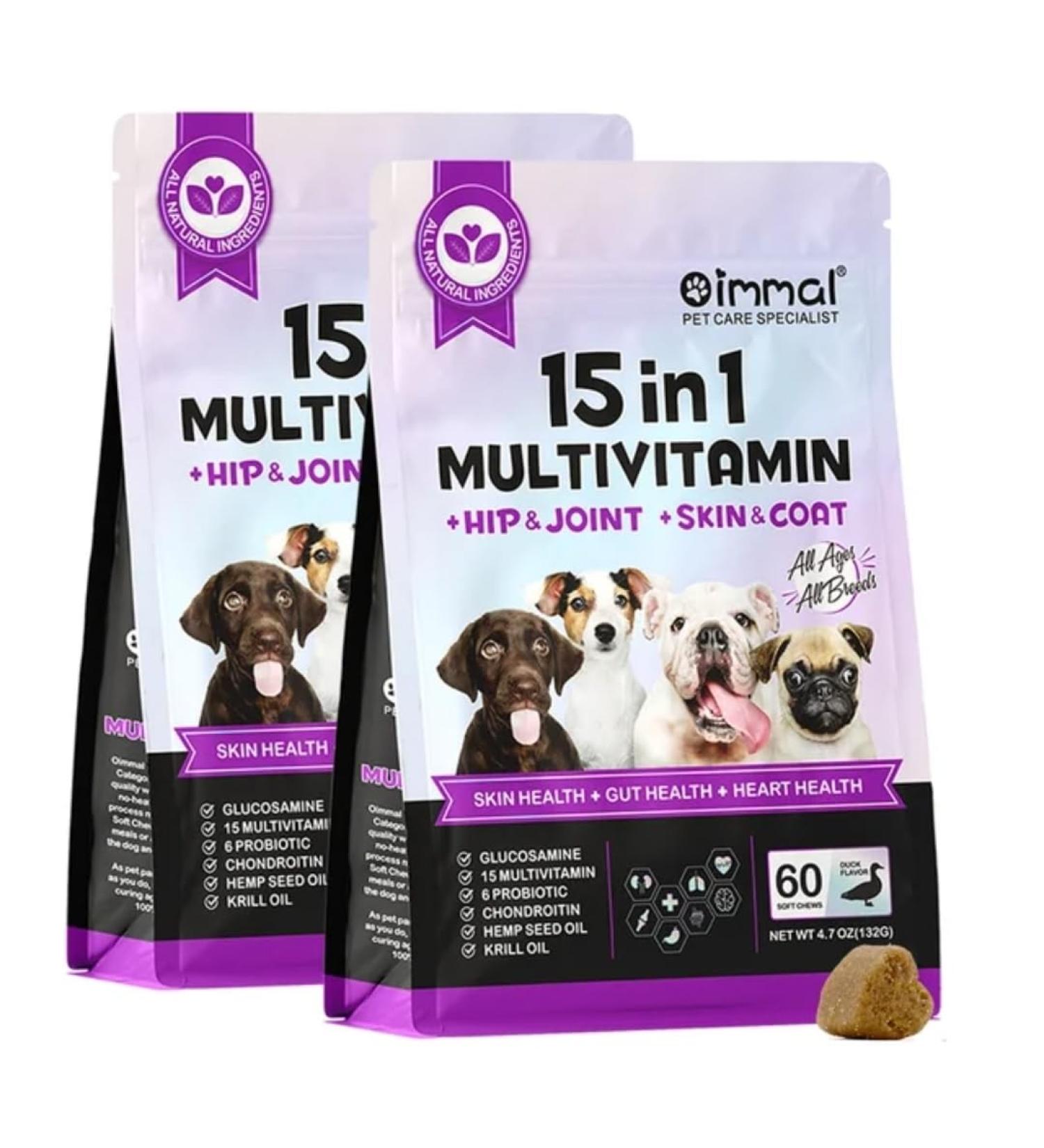 15 in 1 Multivitamin with Glucosamin and Probiotic Soft Chews (2 Packs) for Dogs. Multivitamin for Hip Joint Skin Coat Gut Health and Immune System with Duck Flavour for All Dogs (120 Chews). - Buy Online on GoSupps.com