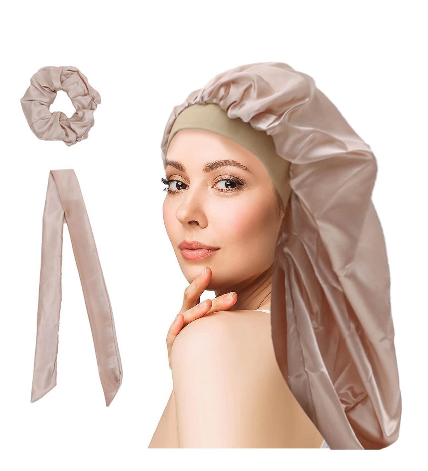 WUBAYI Silk Bonnet Hair Wrap for Sleeping | Satin Sleep Cap for Women and Girls with Wide Elastic Band | Soft Hair Sleeping Bonnet Cap for Curly Hair | Champagne - Buy Online on GoSupps.com