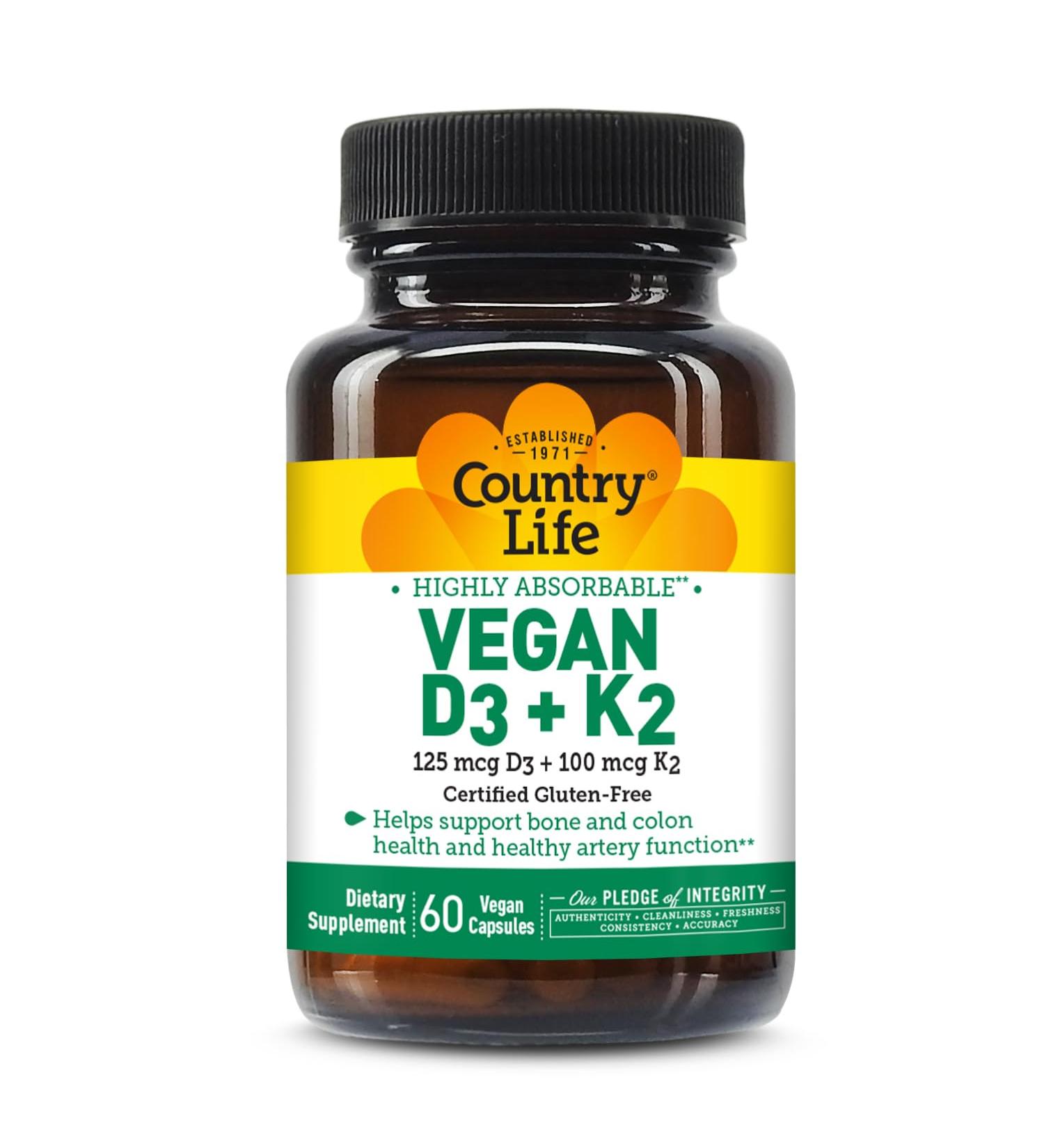 Country Life Vegan D3 + K2 5000 IU Vitamin D3 & 100 mcg MK-4 & MK-7 | Supports Bone Immune Colon & Artery Health | Certified Vegan Gluten-Free B-Corp 60 Capsules - Buy Online on GoSupps.com