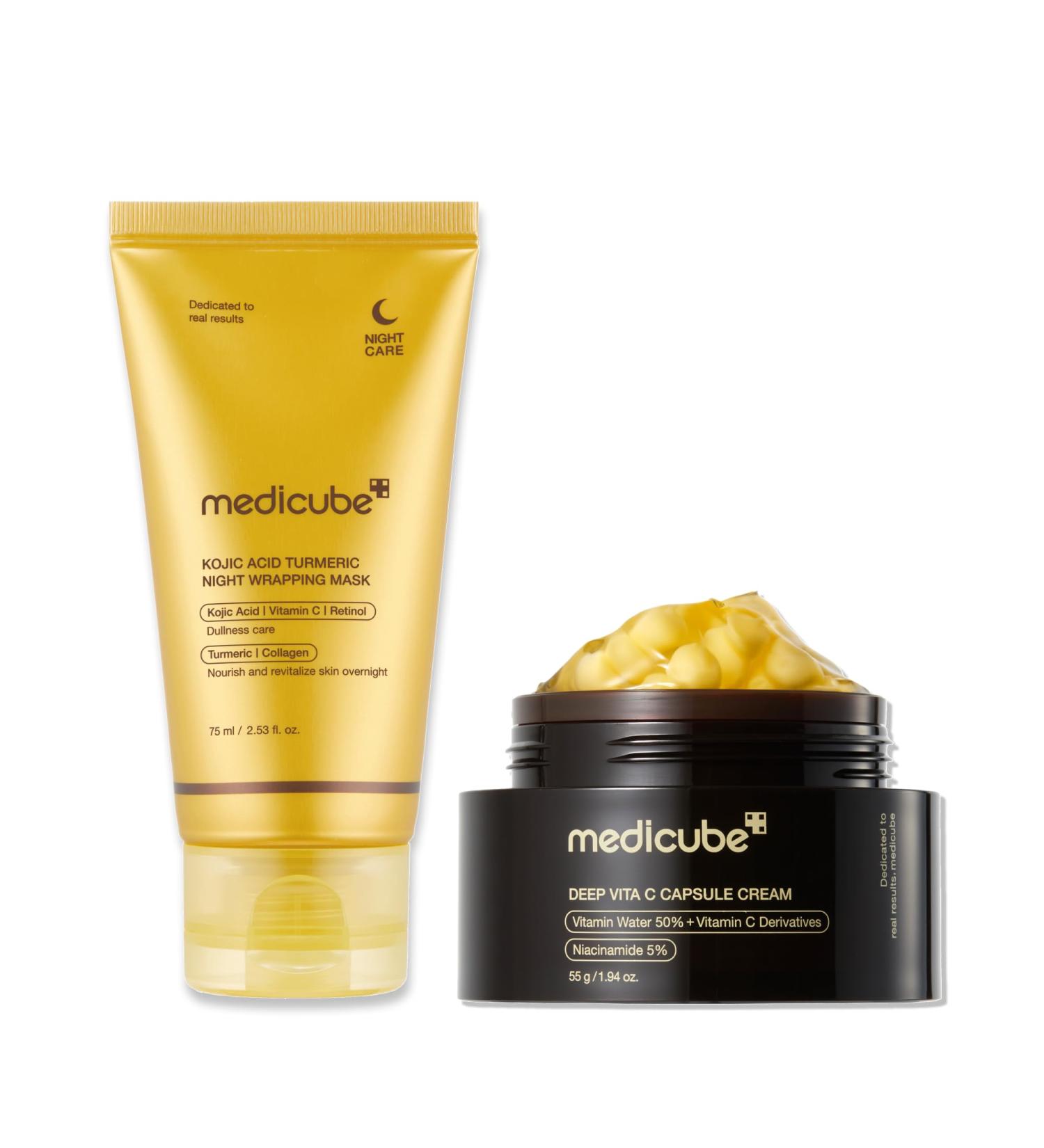 medicube Glass Skin Refining Duo at Night: Deep Vitamin C Golden Capsule Face Moisturizer and Turmeric Overnight Wrapping Peel Off Mask 2.0 - Buy Online on GoSupps.com