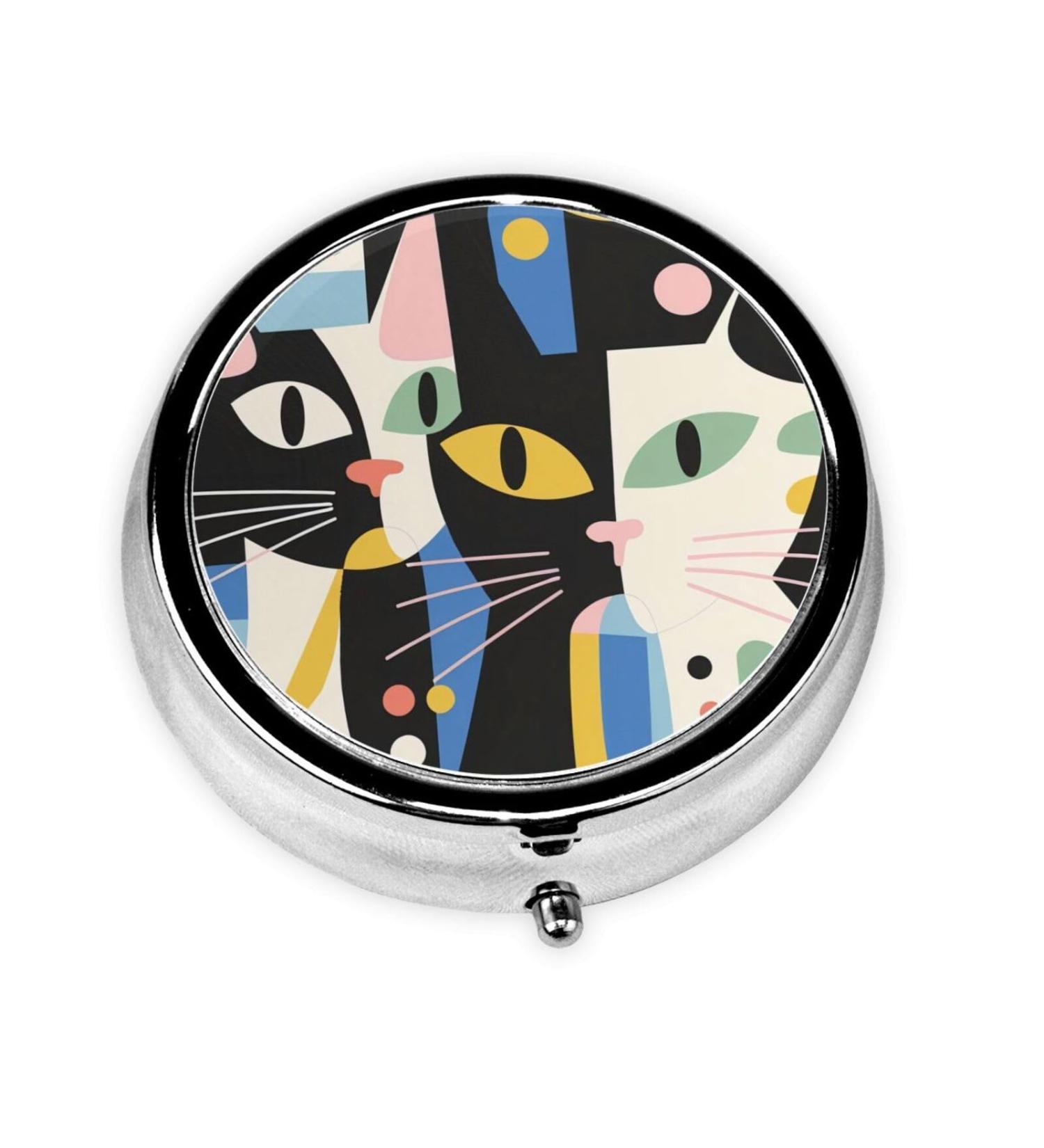 Cute Artistic Cat Portable Metal Pill Box | 3-Compartment Travel Storage | Mini Round Design for Small Pills | Hinged Fastening | Black - Buy Online on GoSupps.com